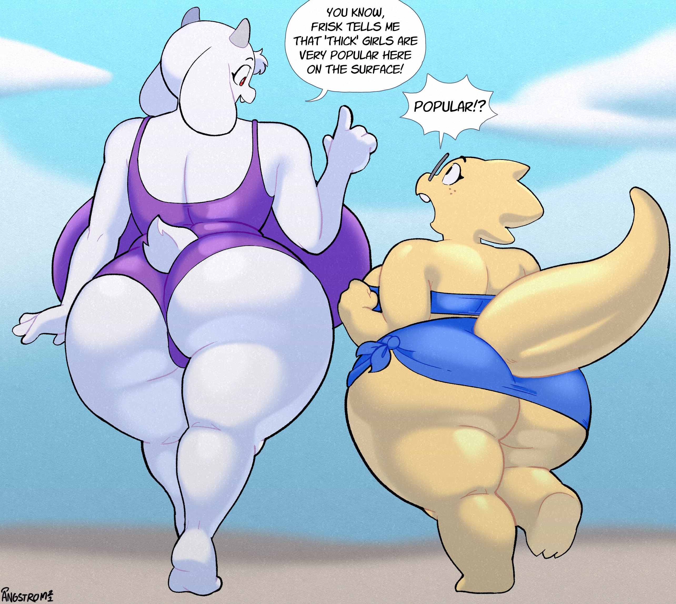 2021, 4 fingers, alphys, angstrom, anthro, ass, back view, beach, big ass, big breasts, big butt, black clothing, blue clothing, blue swimwear, blurred background, bottomwear, bovid, breast size difference, breasts, breasts bigger than head, buckteeth, caprine, cleavage, clothed, clothing, curvy figure, detailed background, dialogue, duo, english text, eyebrows, eyewear, female, fingers, floppy ears, freckles, fur, glasses, goat, hi res, horn, huge ass, huge breasts, huge butt, hyper, hyper breasts, lizard, looking at another, looking down, looking up, mammal, one-piece swimsuit, open mouth, outside, public, purple clothing, purple swimwear, rear view, red eyes, reptile, scales, scalie, seaside, short tail, shortstack, signature, size difference, skimpy, skirt, small tail, speech bubble, swimwear, tail, teeth, text, thick tail, thick thighs, topwear, toriel, tube top, undertale, undertale (series), video games, voluptuous, walking, white body, white fur, wide hips, yellow body, yellow scales