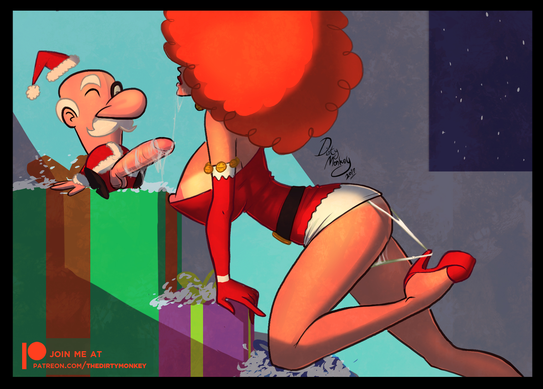 1boy, 1girls, 2017, after fellatio, age difference, breasts, christmas, christmas outfit, christmas present, cum, cum string, erect penis, exposed breasts, female, hair over eyes, high heels, huge breasts, male, mayor mayor, monocle, nipple slip, old male, older male and younger female, orange hair, panties, panty pull, penis, penis through fly, powerpuff girls, pussy, pussy juice, pussy juice trail, santa costume, santa hat, sara bellum, size difference, small but hung, smaller male, tanline, thedirtymonkey, wardrobe malfunction, wet panties