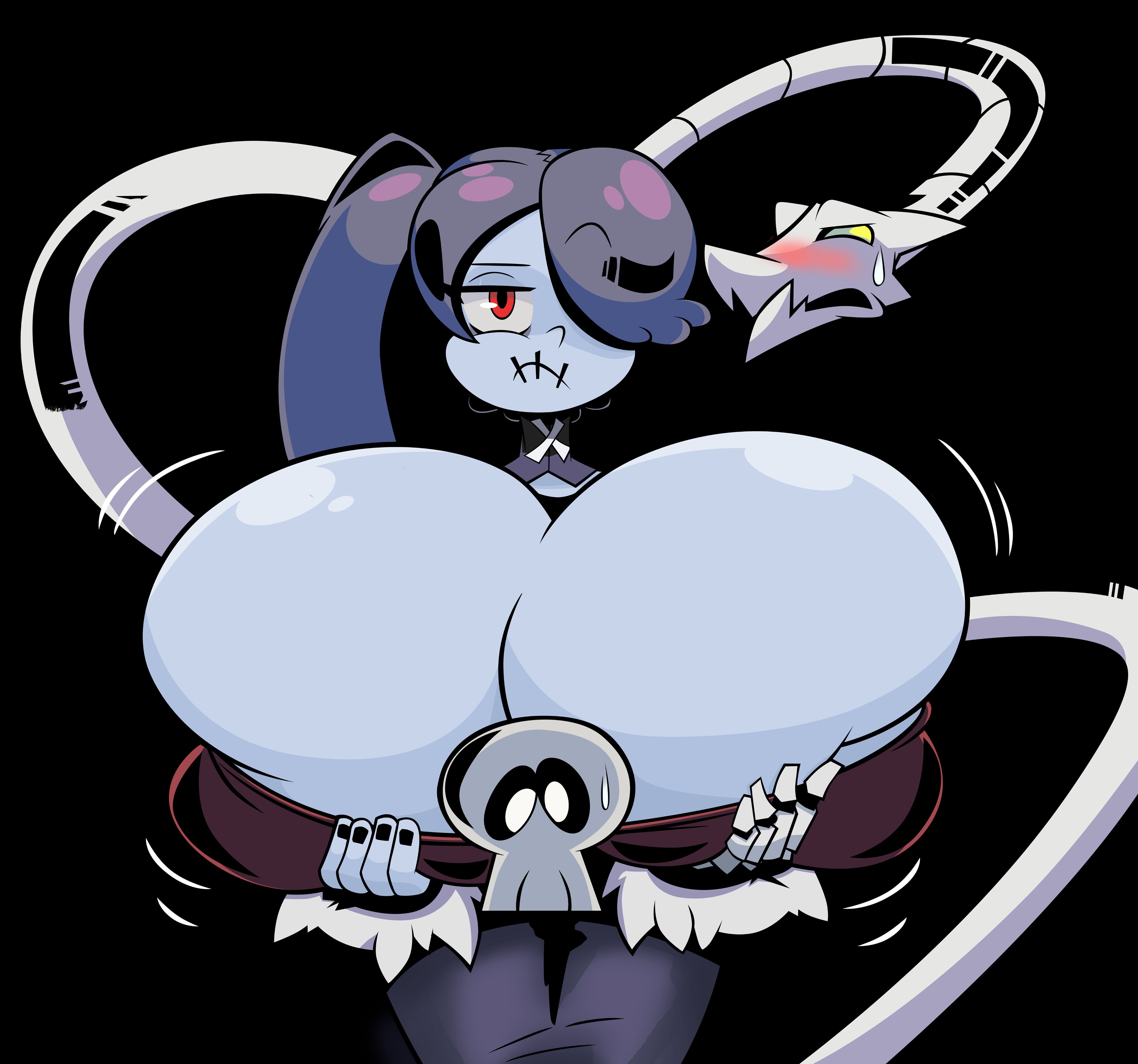 1girls, alternate breast size, annoyed, blue skin, blush, breast expansion, breast focus, breast growth, breast growth (enlargement), breast hold, breasts, busty, clothing, female, gigantic breasts, grimphantom, hair over one eye, huge breasts, lab zero games, leviathan (skullgirls), looking at viewer, monster girl, purple hair, red eyes, simple background, skullgirls, solo, squigly, zombie, zombie girl