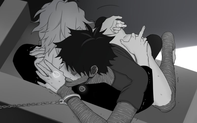 2boys artist_request ass bare_ass bare_legs bare_thighs bodily_fluids burn_scar clothing dabi gay greyscale hand_on_ass handcuffed handcuffs implied_fingering male/male my_hero_academia on_lap scar scars shigaraki_tomura shimura_tenko source_request todoroki_touya tomura_shigaraki touya_todoroki visible_breath yaoi