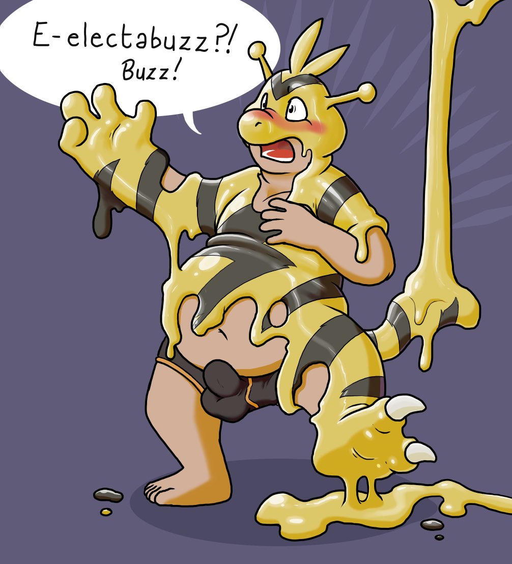 2_toes 4_fingers 5_toes anthro belly big_belly biped black_body black_tail blueballs_(artist) blush bulge claws clothed clothing dialogue digital_drawing_(artwork) digital_media_(artwork) electabuzz erection erection_under_clothing feet fingers glistening goo_transformation human human_to_anthro latex_transformation liquid_latex male mammal markings multicolored_tail nintendo open_mouth overweight overweight_male pokémon_(species) pokemon rubber simple_background solo species_transformation speech_bubble striped_tail stripes text toe_claws toes toony topless transformation two_tone_tail underwear video_games what yellow_body yellow_tail