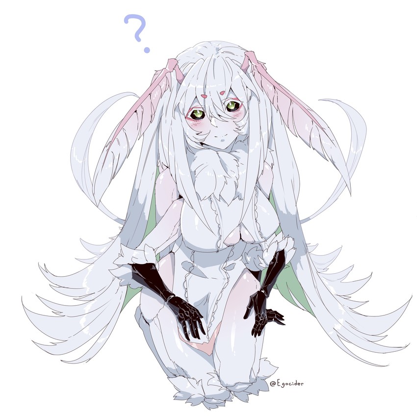 ? absurdres arthropod_girl artist_name black_sclera blush breasts closed_mouth colored_sclera colored_skin commentary egocider eyebrows_visible_through_hair female green_eyes highres indie_virtual_youtuber insect_girl juniper_(egocider) juniper_actias large_breasts long_hair looking_at_viewer monster_girl moth_girl multi_arm multi_limb original seiza sitting smile solo twitter_username underboob very_long_hair virtual_youtuber white_hair white_skin