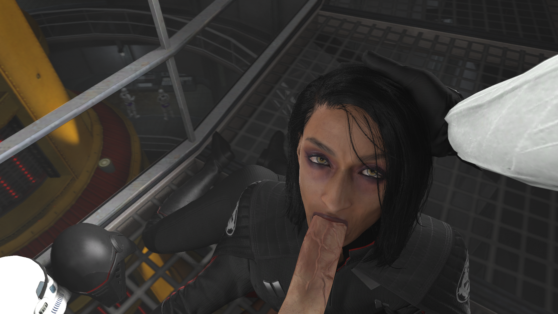 1boy, 1girls, 3d, artist request, black hair, blowjob, breasts, clothed, clothed blowjob, dark skin, dark-skinned female, detailed background, erection, fellatio, female, hand on head, helmet removed, inquisitor (star wars), jedi: fallen order, lipstick, male, oral, penis, pov, second sister, star wars, stormtrooper, trilla suduri, yellow eyes