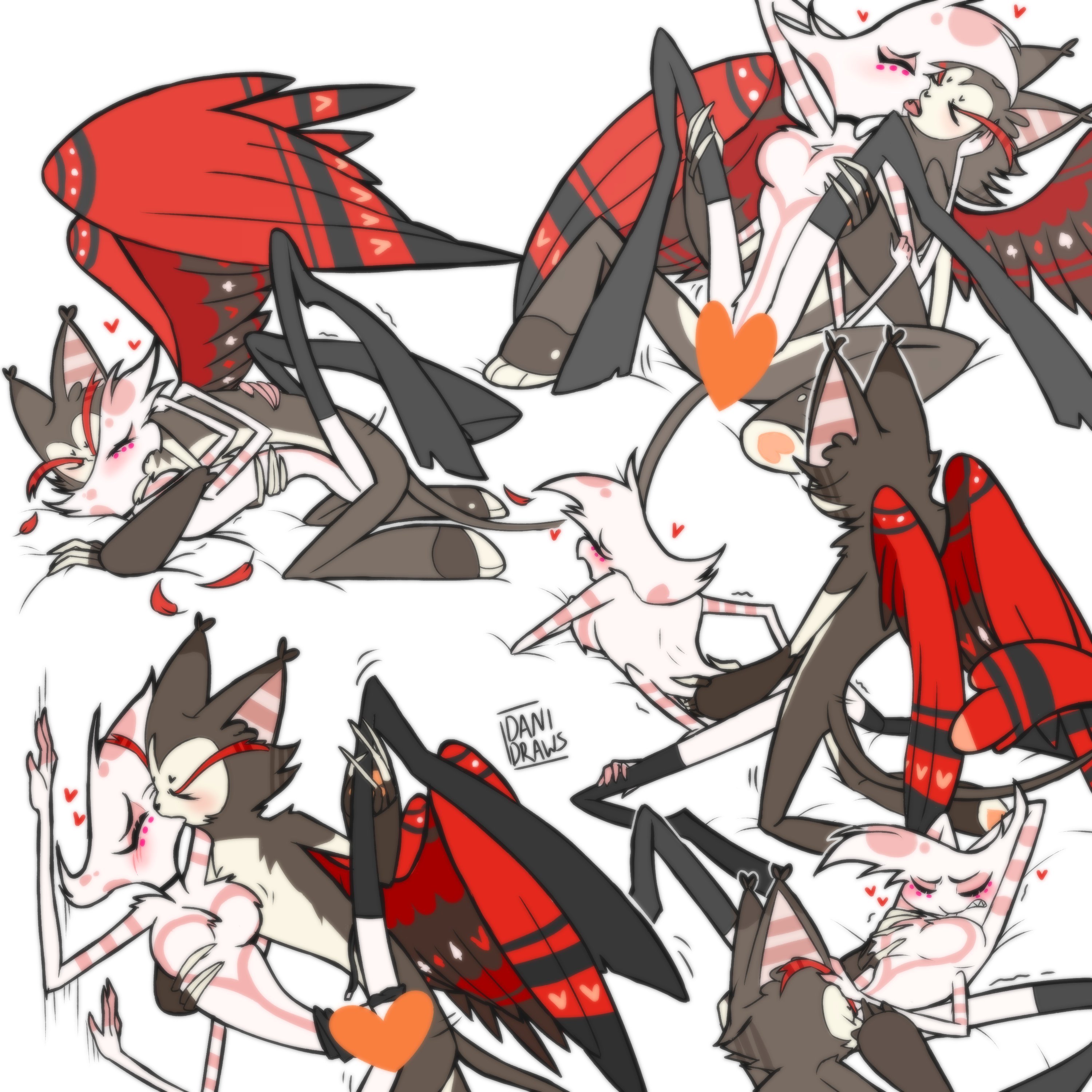 2boys, 4 arms, angel dust (hazbin hotel), censored, chest tuft, closed eyes, cowgirl position, demon, doggy style, feline, fellatio, female, grey fur, hazbin hotel, heart, hugging, husk (hazbin hotel), implied anal, implied oral, implied penetration, implied sex, kissing, laying down, laying on back, laying on bed, leaning against wall, looking pleasured, male, male only, male/male, mating press, multi arm, multi limb, sitting on lap, spider, spread legs, tail, tongue, vivienne medrano, white body, white hair, wings, yaoi