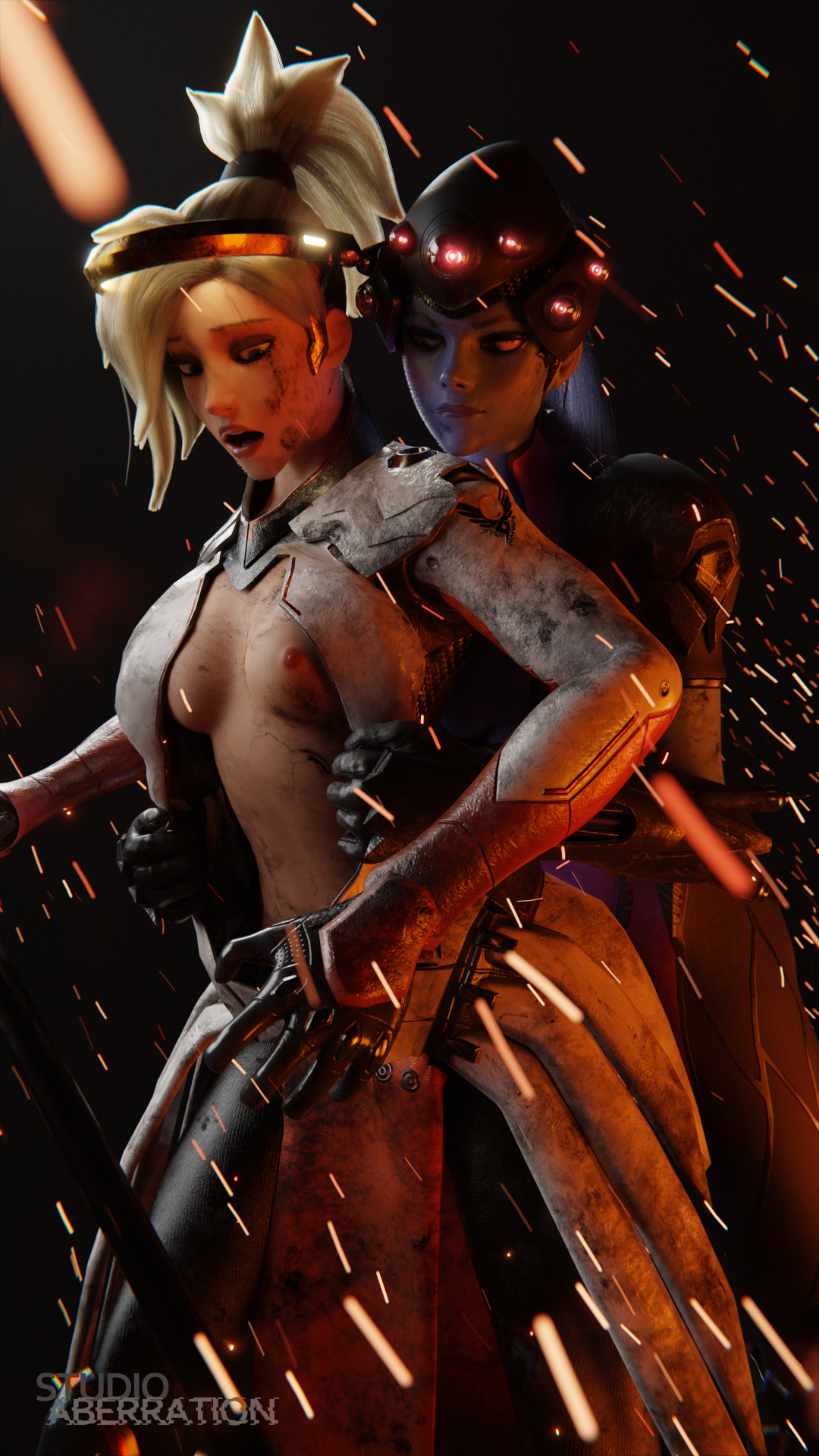 2girls, 3d, areolae, assisted exposure, blonde, blonde hair, breasts, clothes removed, erect nipples, exposed, exposed nipples, female, female only, from behind, mercy, nipples, open mouth, overwatch, purple skin, studioaberration, widowmaker