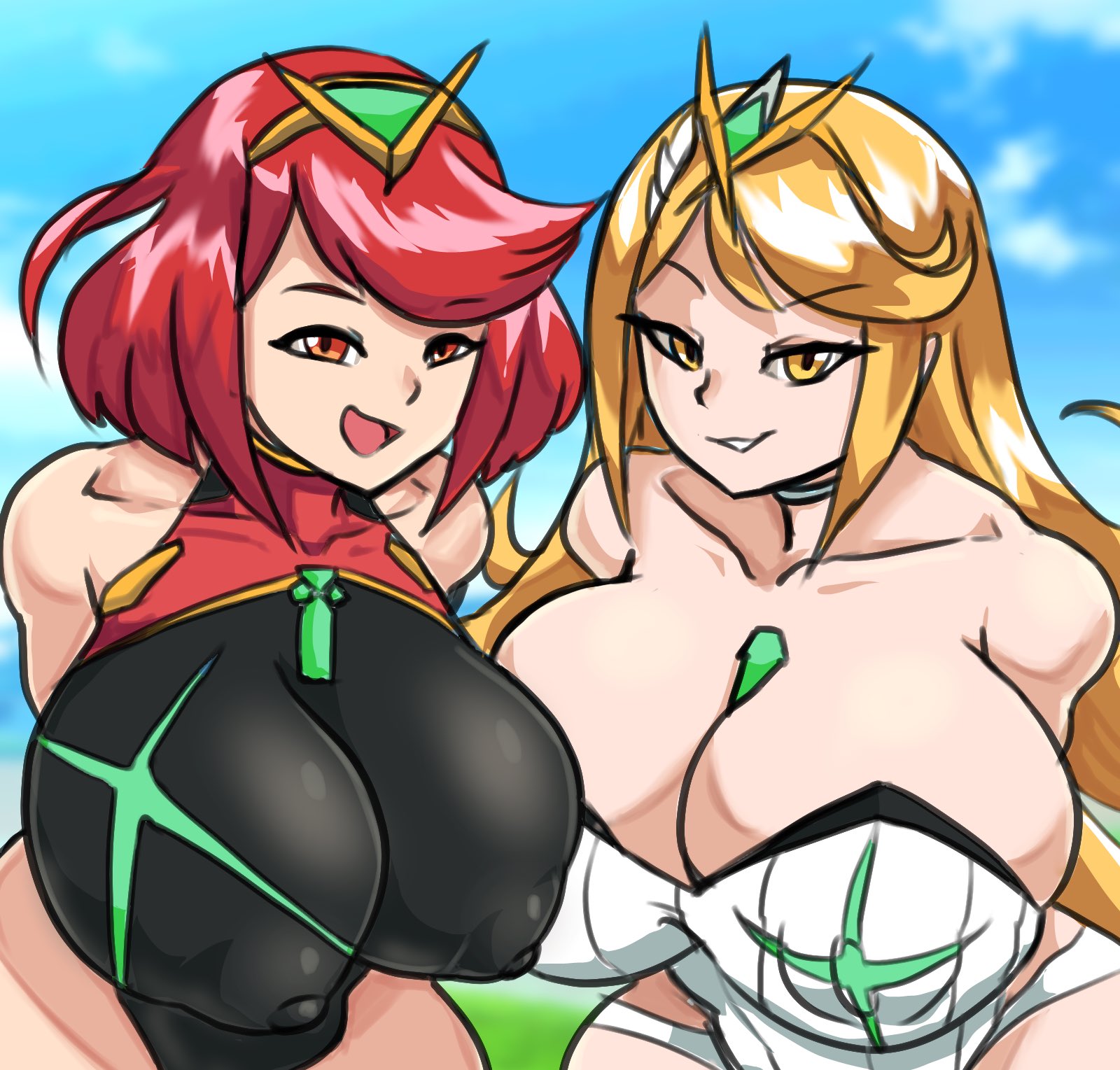 big breasts, blonde hair, bob cut, breasts, cleavage, erect nipples, excessive size, female, female only, huge breasts, large breasts, leotard, long hair, looking at viewer, mythra, nintendo, nipples, one-piece swimsuit, pyra, red eyes, red hair, shorts, swimsuit, thecon, top heavy, wide hips, xenoblade (series), xenoblade chronicles 2, yellow eyes
