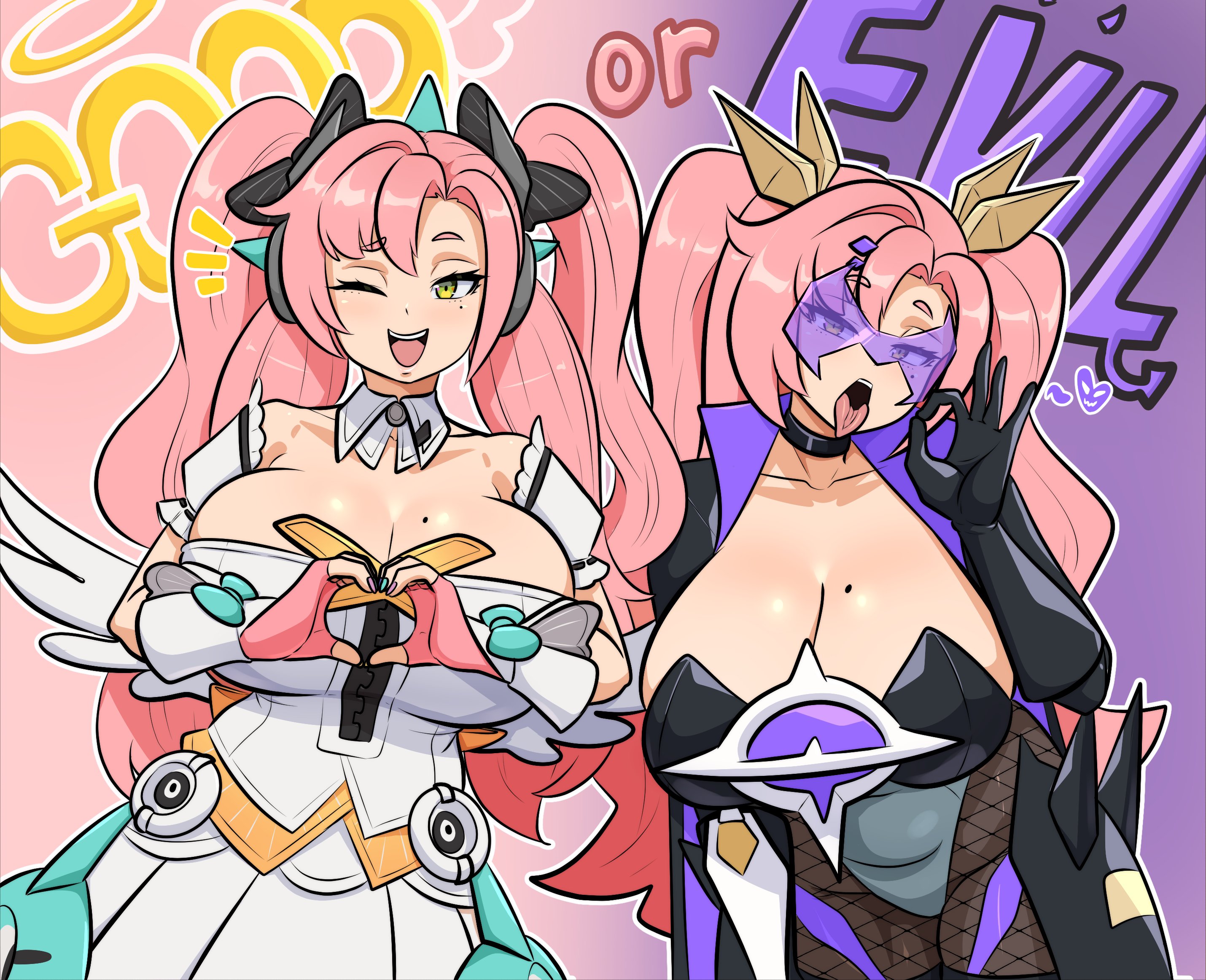 1girls, angels of delusion, aria (zenless zone zero) (cosplay), bare shoulders, beauty mark, beauty mark on breasts, beauty mark under eye, bending over, big breasts, black clothes, blowjob gesture, breasts, breasts bigger than head, bunny girl suit, busty, busty female, choker, cleavage, clothed, clothed female, collared shirt, cosplay, deep cleavage, detatched sleeves, dress, english text, evil, eyebrows, eyelashes, fellatio gesture, female, female focus, fingerless gloves, fishnet bodystocking, fishnet bodysuit, fishnets, good, green hair, hair tied, hand heart, hoyoverse, huge breasts, idol outfit, kinathefox, large breasts, leaning forward, legs together, leotard, lewd gesture, light skin, light-skinned female, long gloves, long hair, mole, mole on breast, mole under eye, multiple images, navel, navel visible through clothes, nicole demara, outerwear, painted nails, pink hair, pudgy belly, ribbons, ribbons in hair, smiling, solo, solo focus, spoken heart, standing, sunglasses, thick thighs, thighhighs, thighs, thighs together, tight clothes, tight clothing, tight dress, tinted eyewear, tongue out, twintails, twintails (hairstyle), visor (eyewear), voluptuous, voluptuous female, white clothes, winking, zenless zone zero, zipper, zipper topwear