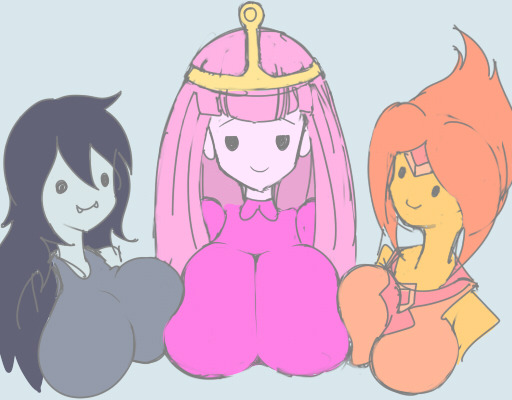 3girls, adventure time, big breasts, black hair, breasts, breasts to breasts, clothes, female, flame princess, huge breasts, marceline, pink dress, pink hair, pink skin, princess bubblegum, sinensian, tagme