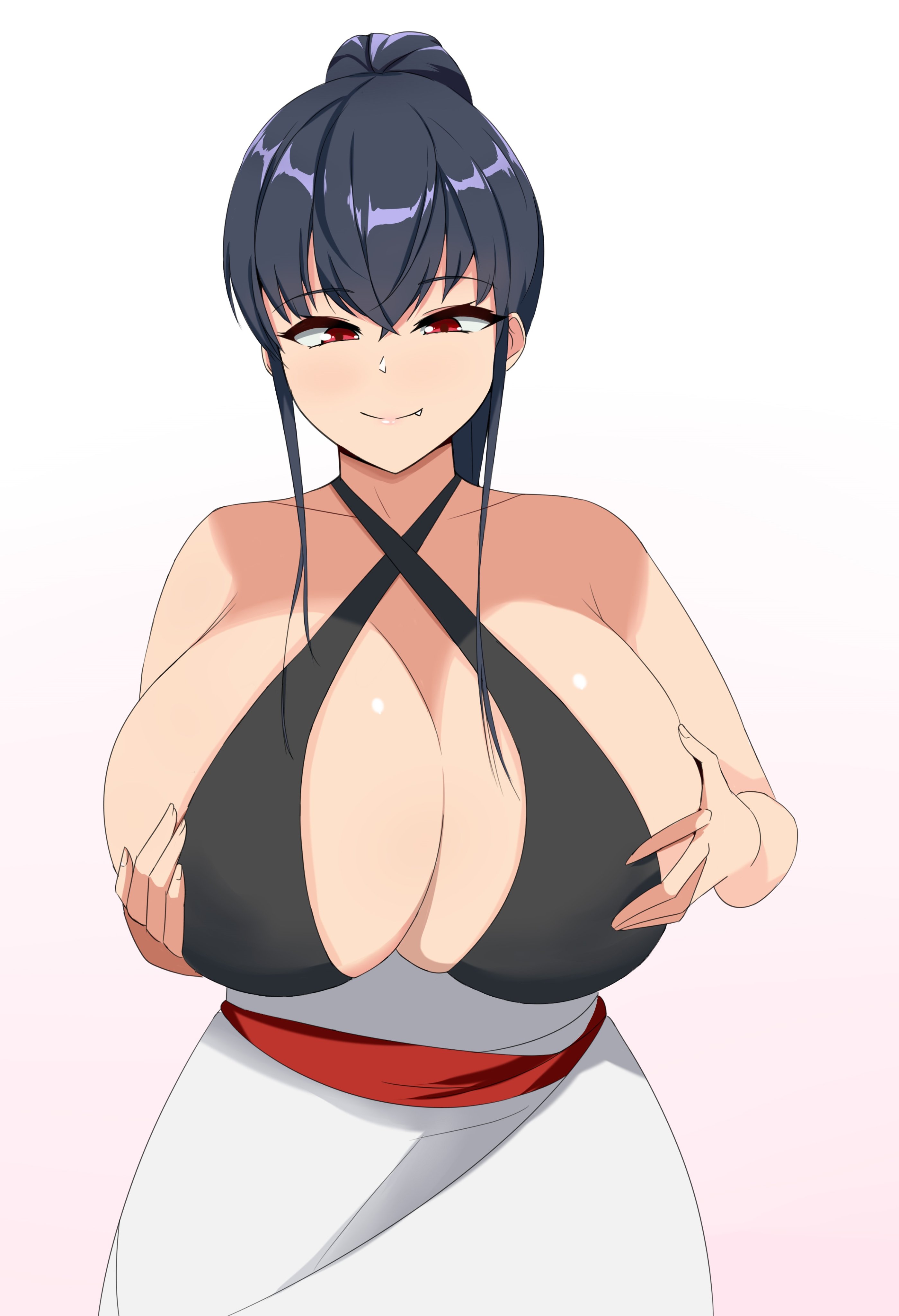 breasts, breasts bigger than head, cuteakita, female, holding breast, huge breasts, red eyes, short hair