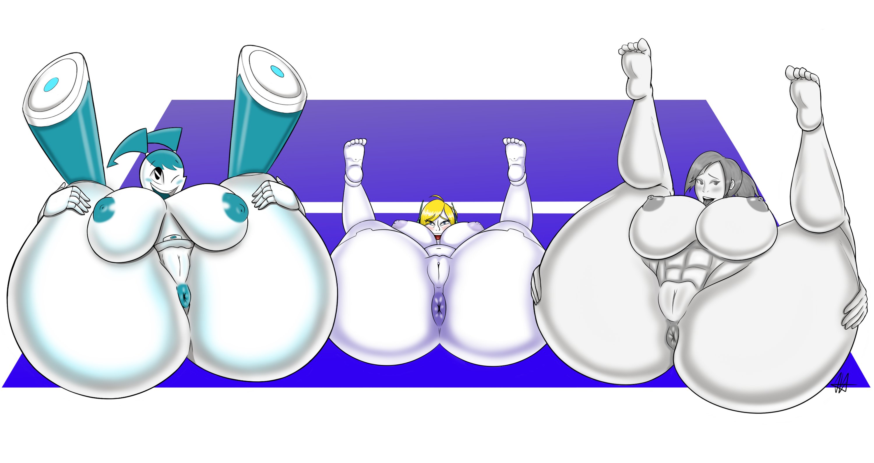 3girls, anus, ass, ass row, barefoot, big ass, blonde hair, breasts, cave story, completely nude, crossover, curly brace, eastern and western character, female, female only, full body, gigantic ass, huge ass, jarsman (artist), jenny wakeman, large breasts, legs up, lying, multiple females, multiple girls, my life as a teenage robot, naked, naked female, nickelodeon, nintendo, nude, nude female, on back, presenting hindquarters, pussy, robot, smooth skin, take your pick, uncensored, white body, white skin, wii fit, wii fit trainer, wii fit trainer (female), xj-9