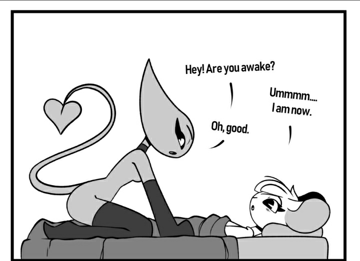 1boy, 1girls, anthro, anthro penetrated, before sex, dialogue, english, english text, female, femboy, femboy on female, male, male anthro, male/female, pac-man eyes, reggie (whygena), sitting, text, whispering, whygena