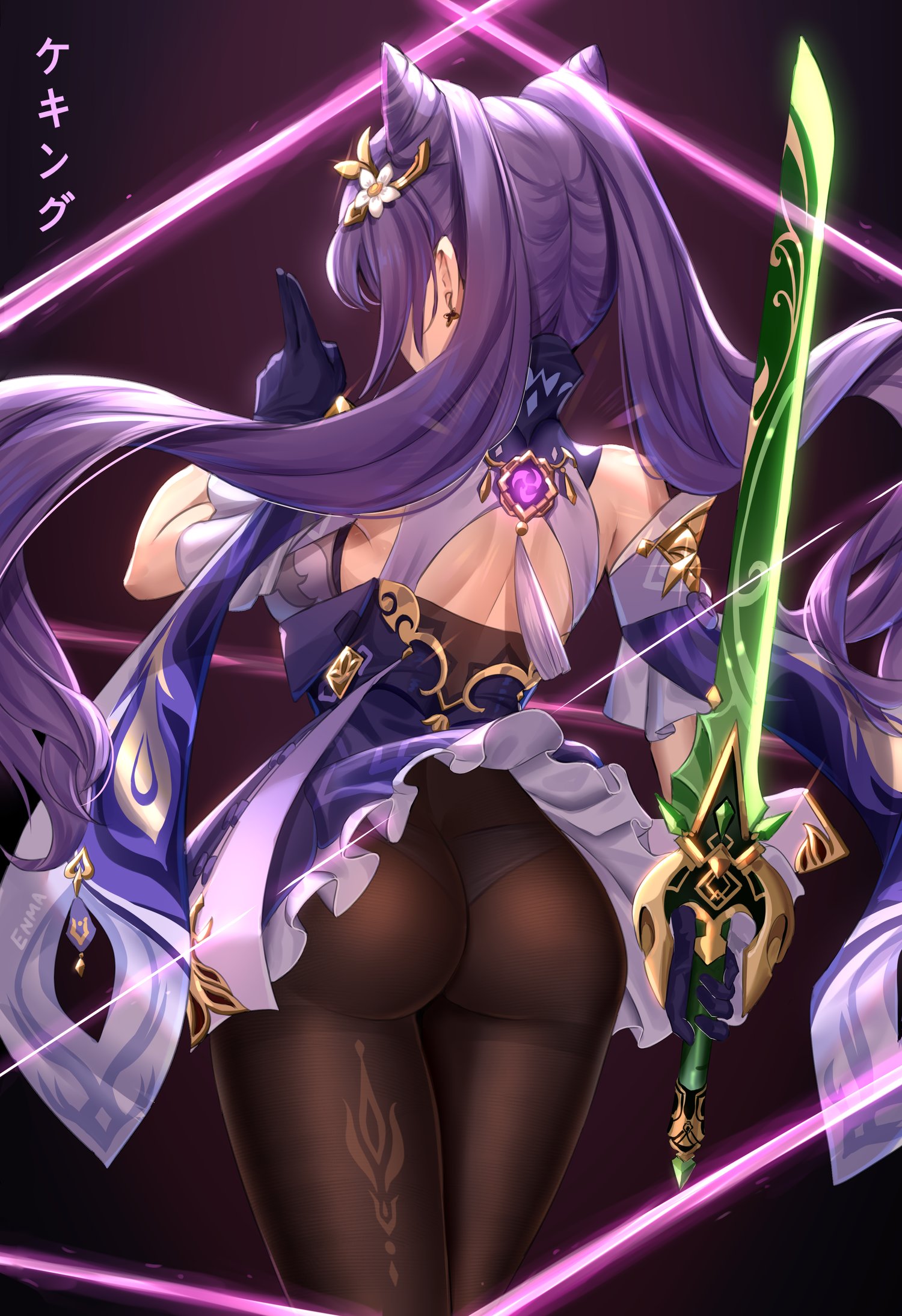 ass, bare shoulders, breasts, earrings, enmanuelart20, female, flower, from behind, genshin impact, gloves, hair cones, hair ornament, highres, jewelry, keqing (genshin impact), long hair, panties, pantyhose, purple hair, solo, sword, twintails, underwear, vision (genshin impact), weapon on back