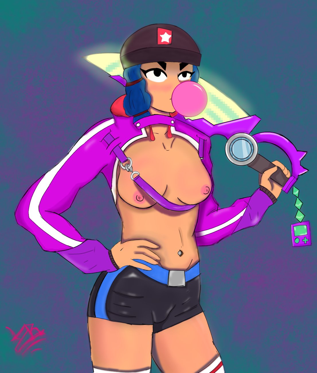 bibi_(brawl_stars) black_shorts brawl_stars bubble_gum cameltoe exposition hand_on_hip heroine_bibi kneehighs kneesocks legwear open_jacket shorts sword weapon_over_shoulder