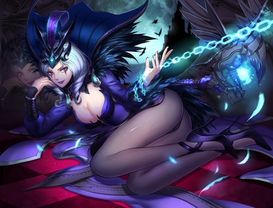 1girls bird chains citemer feathers female harrowing_series high_heels league_of_legends leblanc lipstick nail_polish ravenborn_leblanc solo tales_from_the_rift_series