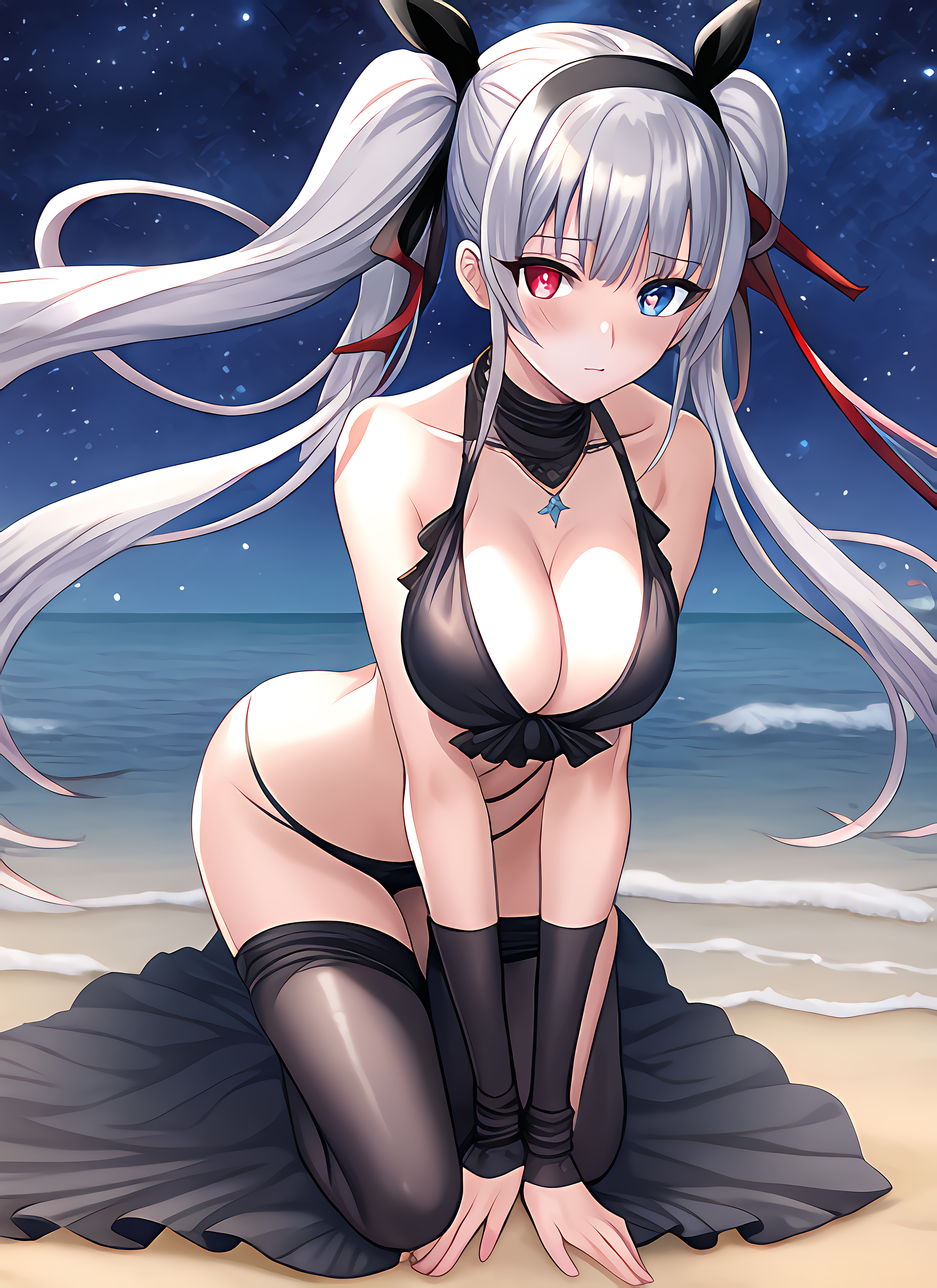 1girls, ai generated, all fours, bangs, bikini, black hairband, black ribbon, blue eyes, blush, breast squeeze, breasts, female, full body, full moon, grey hair, hair ribbon, heterochromia, highres, long hair, looking at viewer, luminous valentine, mature female, necklace, ocean, red eyes, ribbon, sand, solo, stable diffusion, star (sky), starry sky, tensei shitara slime datta ken, upscaled, very long hair, waifu2x