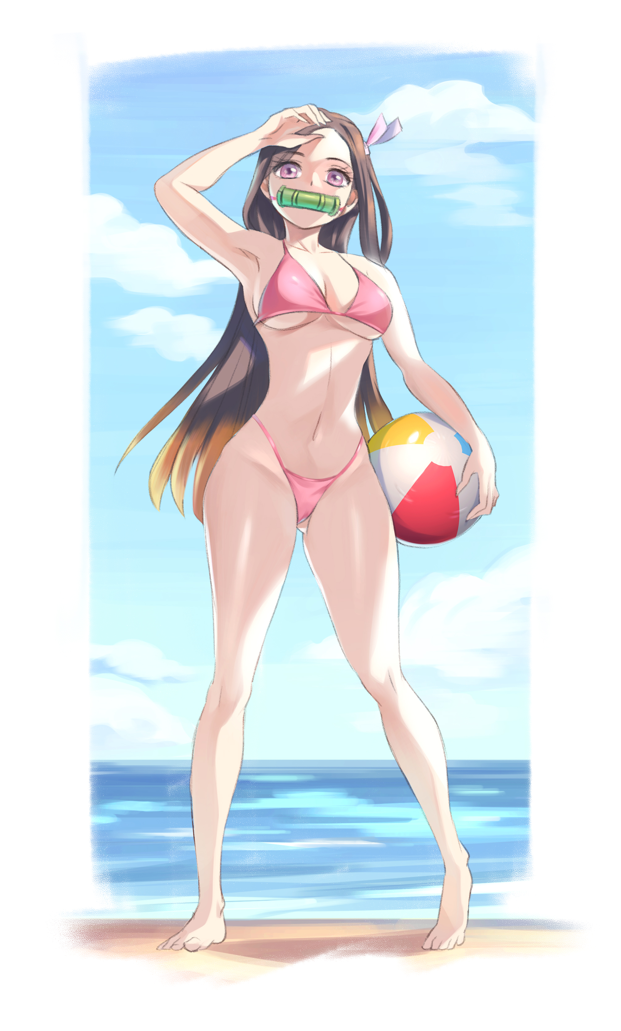 1girls, armpits, barefoot, beach, beach ball, bikini, breasts, cameltoe, cleavage, dark hair, demon slayer, female, female only, full body, gag, gyugyu, hand on head, holding, holding object, hourglass figure, kamado nezuko, kimetsu no yaiba, long hair, looking at viewer, medium breasts, multicolored hair, navel, orange hair, pink bikini, pink eyes, pussy, ribbon, sky, solo, solo female, standing, swimsuit, thick thighs, thighs, underboob, wide hips