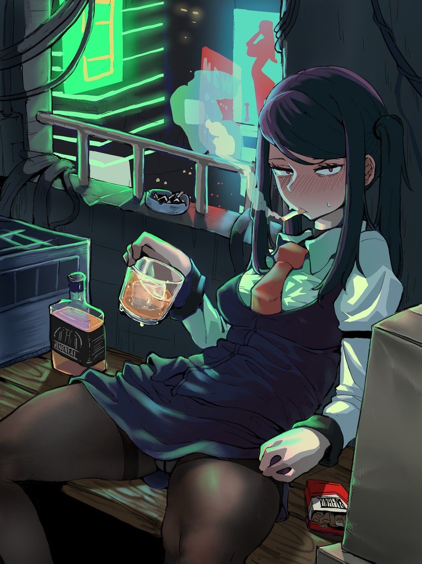 1girls, black hair, black legwear, bottomless, cigarette, detailed background, dress, drinking, female, julianne stingray, leggings, looking at viewer, medium hair, no panties, presenting pussy, pussy, red eyes, smoking, solo, solo female, tie, va-11 hall-a, zxut