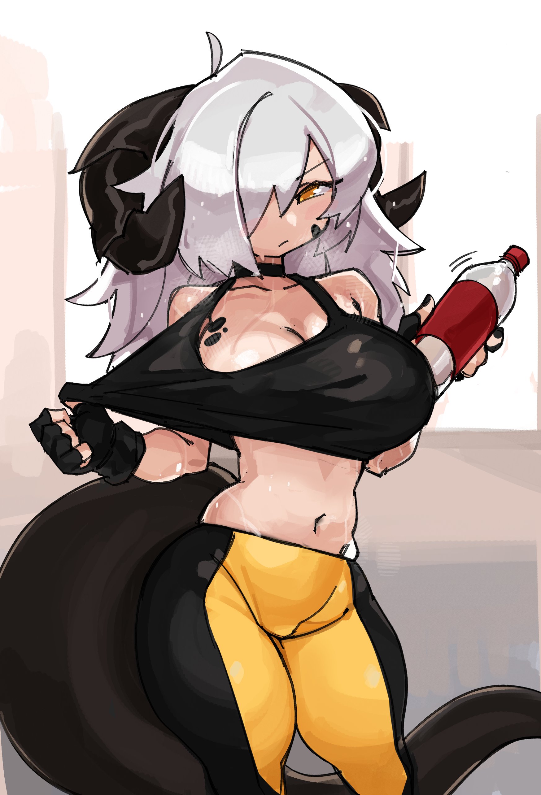 1girls, ahoge, black scales, bottle, choker, cleavage, clothing pull, dragon, dragon girl, dragon horns, female, female only, fingerless gloves, hair over one eye, hi res, holding, holding bottle, horns, humanoid, joule (florazarts), light skin, light-skinned female, long hair, looking at viewer, original, scales, solo, sportswear, steamy, sweat, tail, tank top, tank top pull, white hair, yellow eyes, zanamaoria
