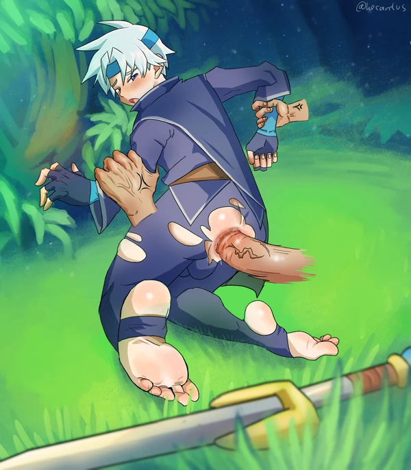 anal anal_penetration anal_sex blush blushing gay grass looking_back madou_monogatari outdoors outside puyo_puyo ripped_pants schezo_wegey sword yaoi