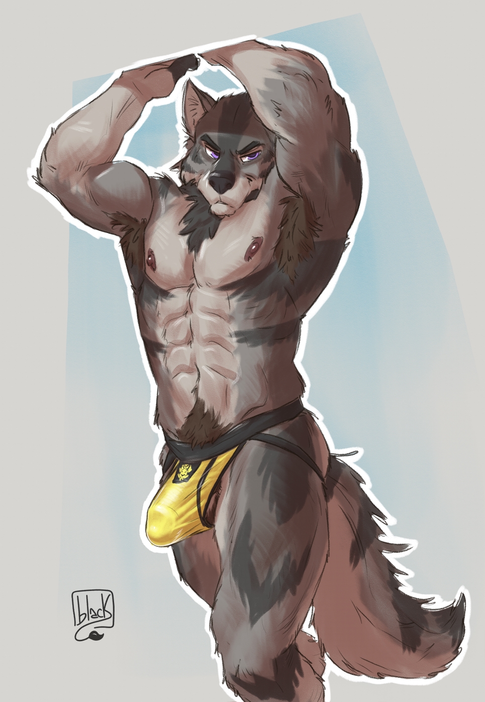 alex_nightmurr anthro armpit_hair body_hair brown_hair canid canine canis genitals hair hi_res humanoid_genitalia humanoid_penis jock lion21 looking_at_viewer male male_only mammal muscular penis pose pubes purple_eyes rogue_fang solo story story_in_description wolf