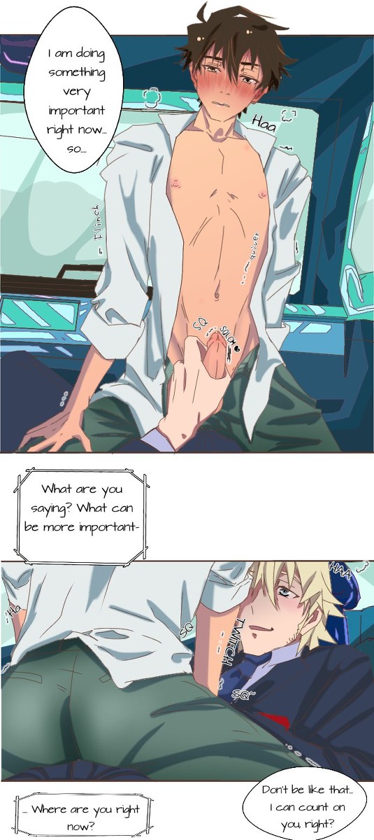 2021, 2boys, ash starmy, blonde hair, blush, brown hair, car, comic, great pretender, green eyes, handjob, laurent thierry, makoto edamura, male, male only, on phone, open shirt, penis, yaoi