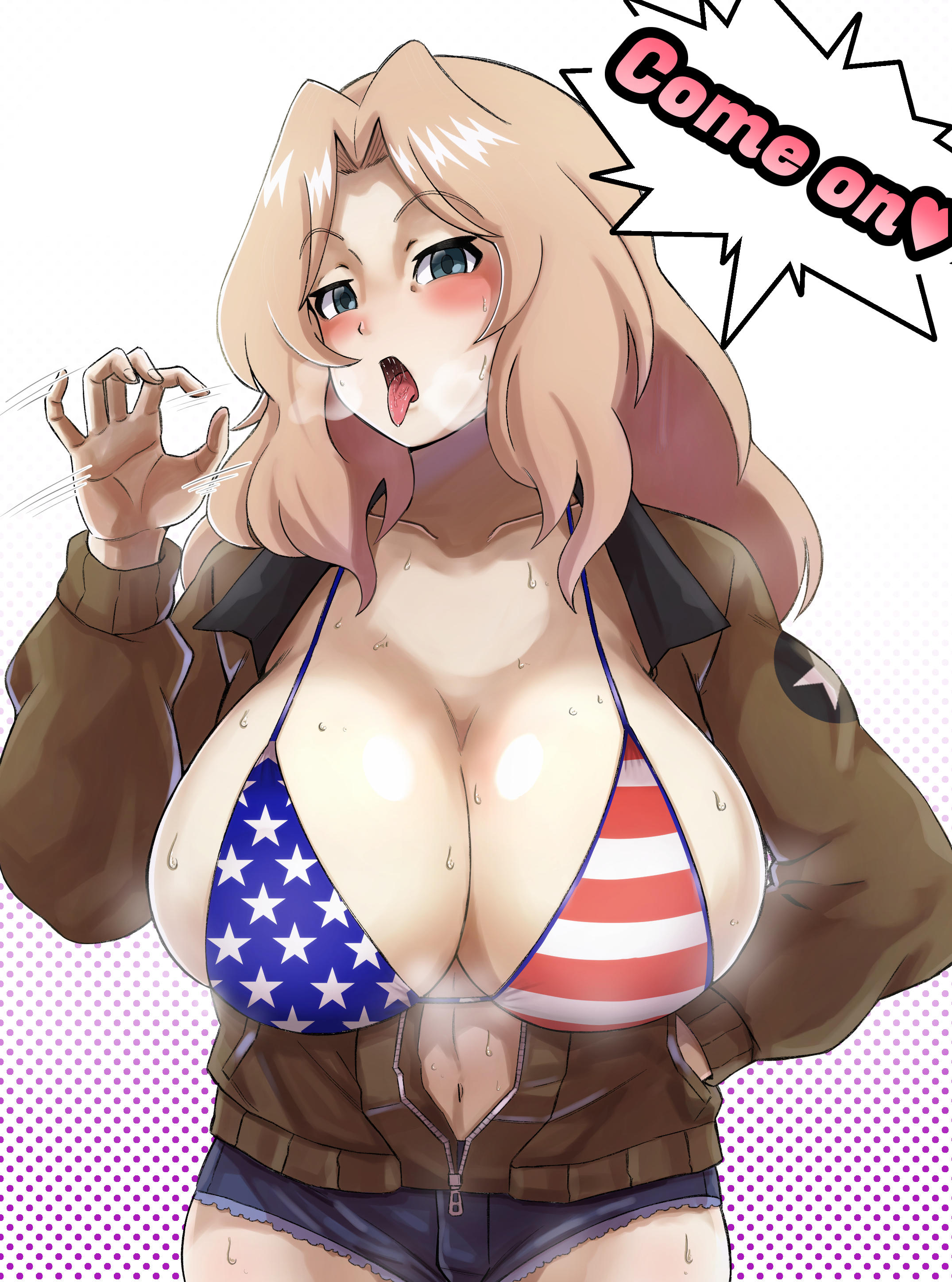 1girls, absurdres, american flag, american flag bikini, bikini, bikini under clothes, blonde hair, blue eyes, blush, breasts, chyazuke syake, fellatio gesture, female, girls und panzer, huge breasts, kay (girls und panzer), looking at viewer, military, military uniform, navel, open mouth, saunders military uniform, short shorts, shorts, solo, tongue, tongue out