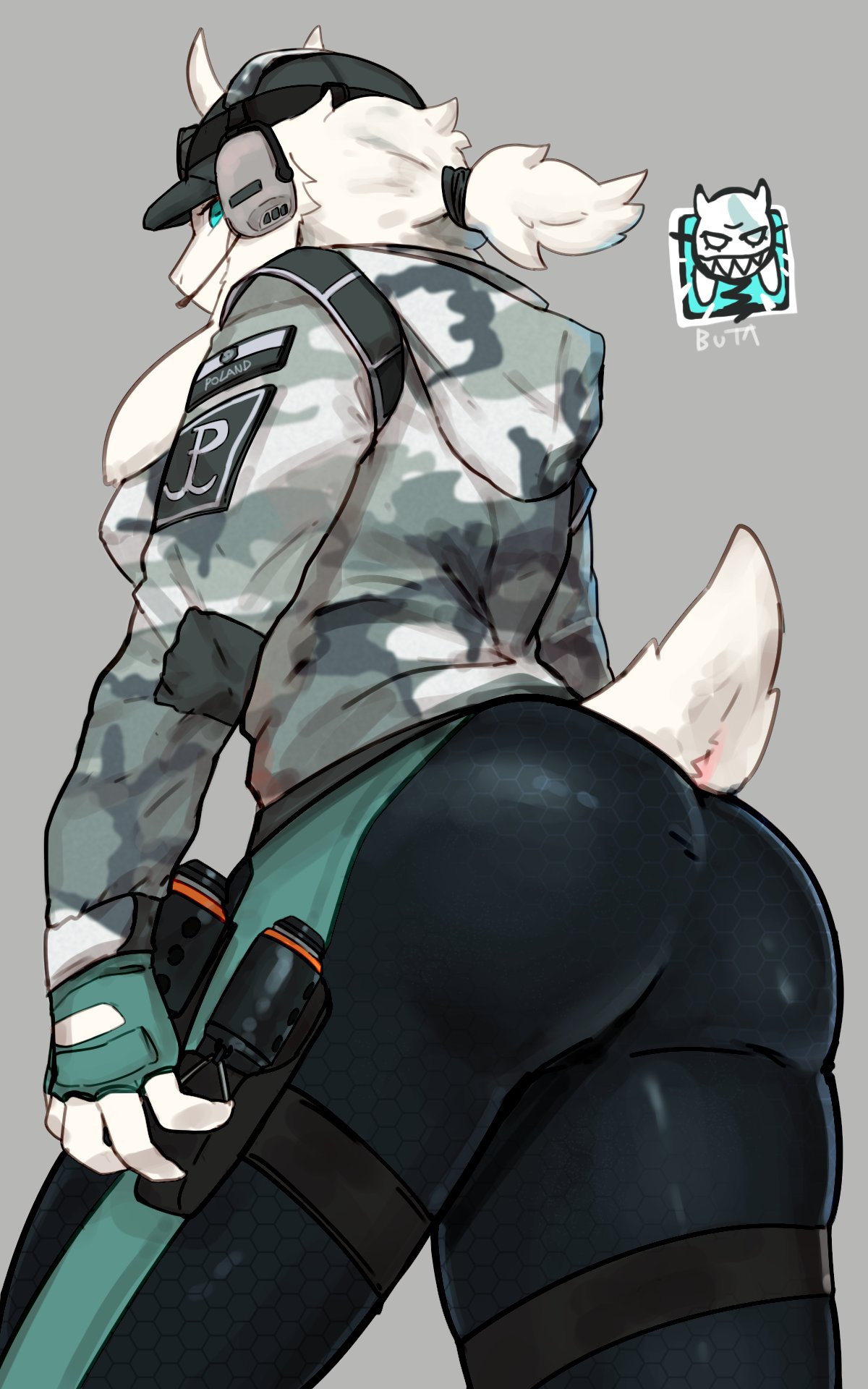 1girls animal_ears anthro ass baseball_cap blue_eyes buta99 caprine clothing female female_only fingerless_gloves fur furry furry_only goat goat_ears goat_horns grey_background headset hi_res hoodie horizontal_pupils horns legband looking_at_viewer looking_back military_uniform ponytail rainbow_six rainbow_six_siege short_tail solo solo_female streetwear tail tight_pants tom_clancy vanilla_(buta99) viewed_from_below white_fur white_hair