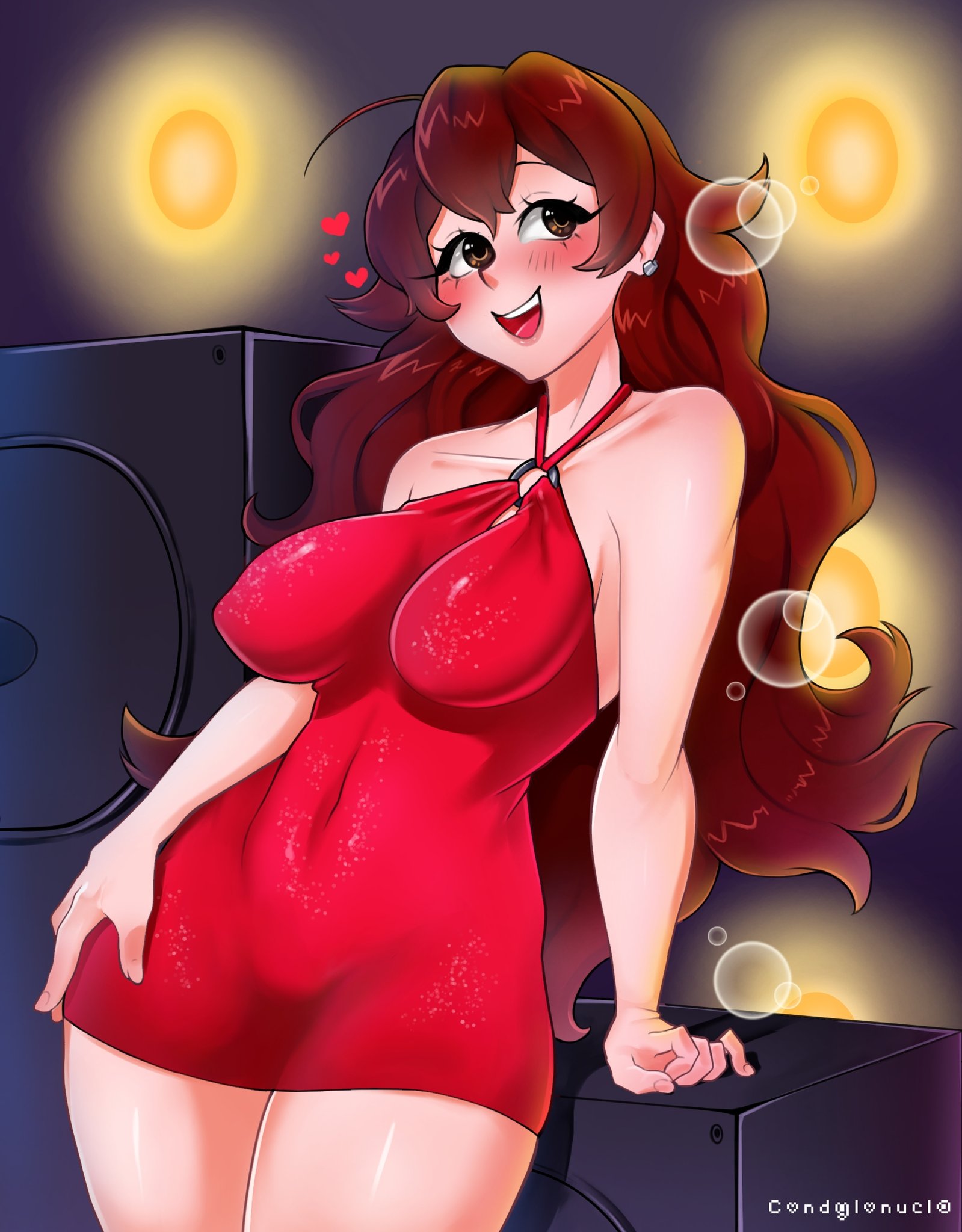 1girls, breasts, condylonucla, female, friday night funkin, girlfriend (friday night funkin), heart, large breasts, red dress, shiny, smile, tagme