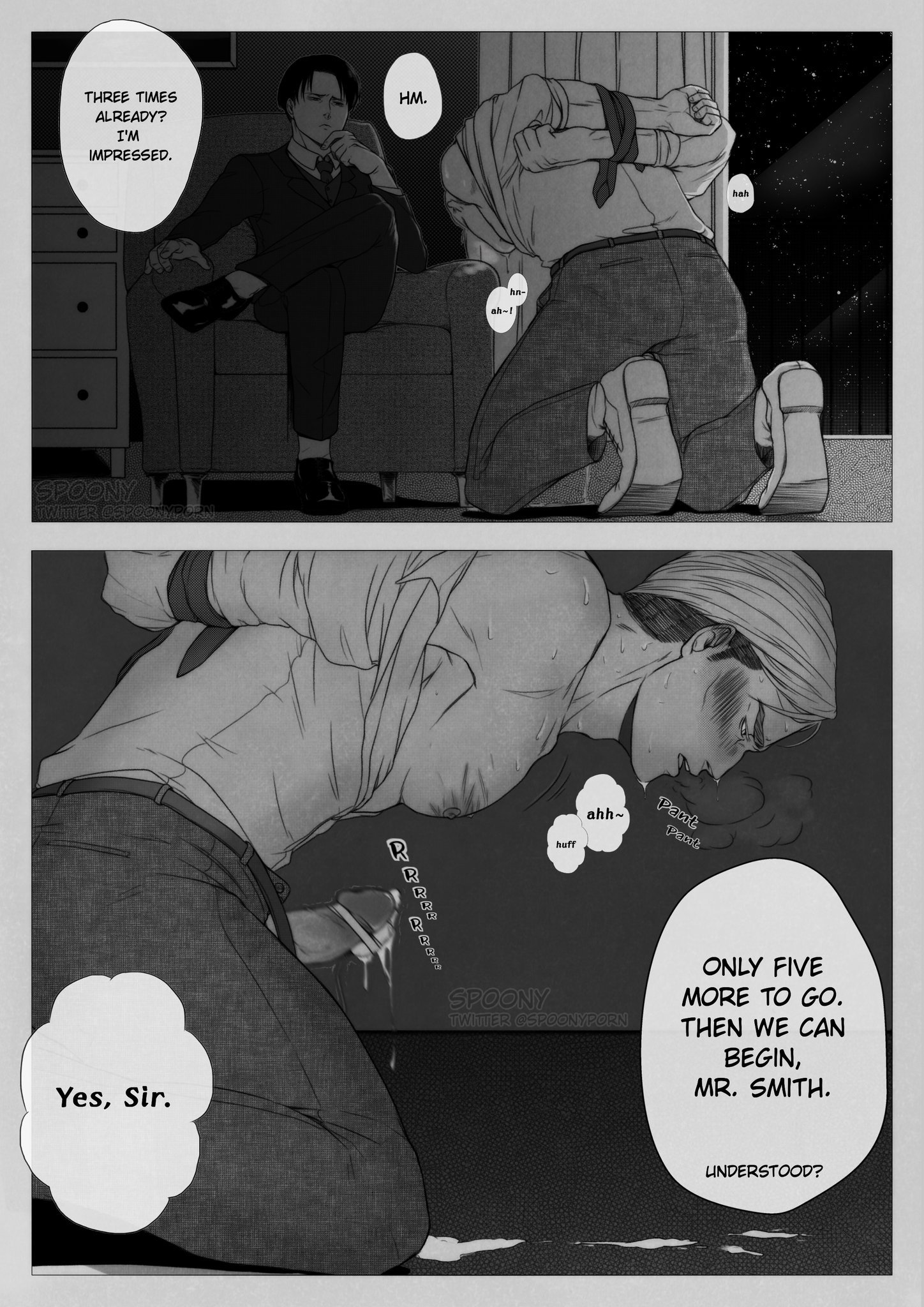 2boys, arms, arms behind back, attack on titan, black and white, blush, bodily fluids, clothed, clothing, cum, cum drip, cum dripping, ejaculation, erwin smith, gay, genital fluids, genitals, levi ackerman, male, male/male, malesub, multiple views, on knees, panels, penis, penis out, sex toy, shingeki no kyojin, small dom big sub, source request, spoony, text, text bubble, tied, toy, visible breath, yaoi