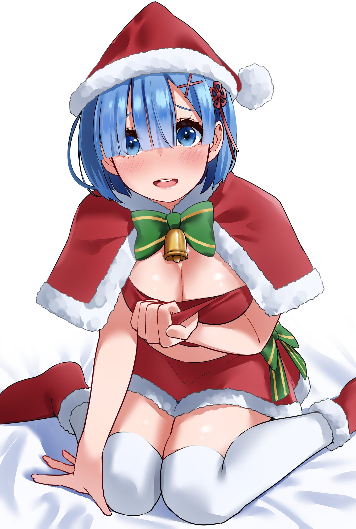 bedsheets, blue eyes, blue hair, blush, breasts, christmas outfit, cleavage, female, re:zero kara hajimeru isekai seikatsu, rem (re:zero), sitting, thighhighs, white legwear