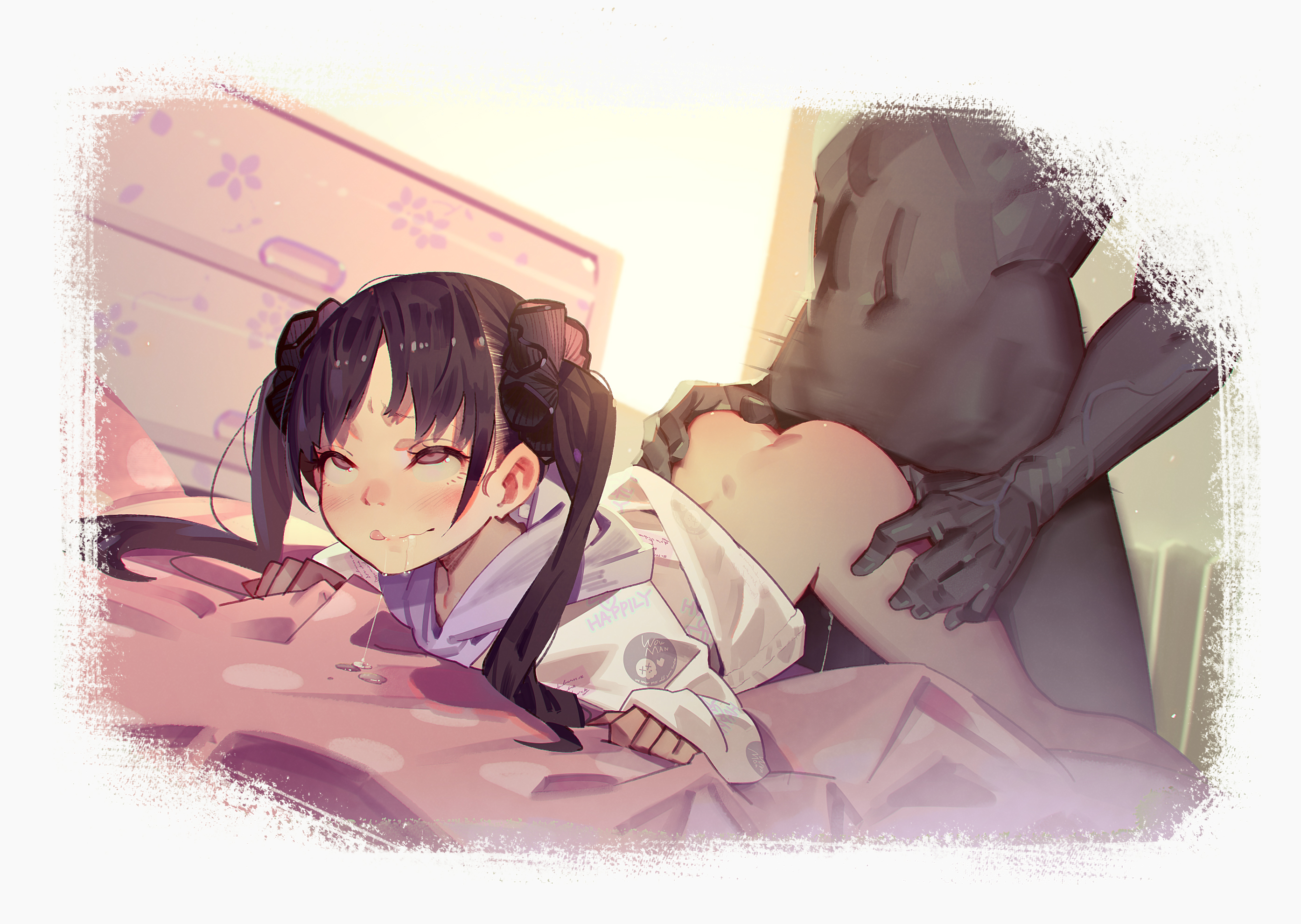 1boy, 1girls, ass, ass grab, bangs, bed sheet, black hair, blush, bottomless, closed mouth, clothed female nude male, clothed sex, dark skin, dark-skinned male, doggy style, drooling, female, highres, interracial, long hair, male, muk (monsieur), nude, original, rolling eyes, saliva, sex, sex from behind, sheet grab, sleeves past wrists, solo focus, straight, tongue, tongue out, twintails