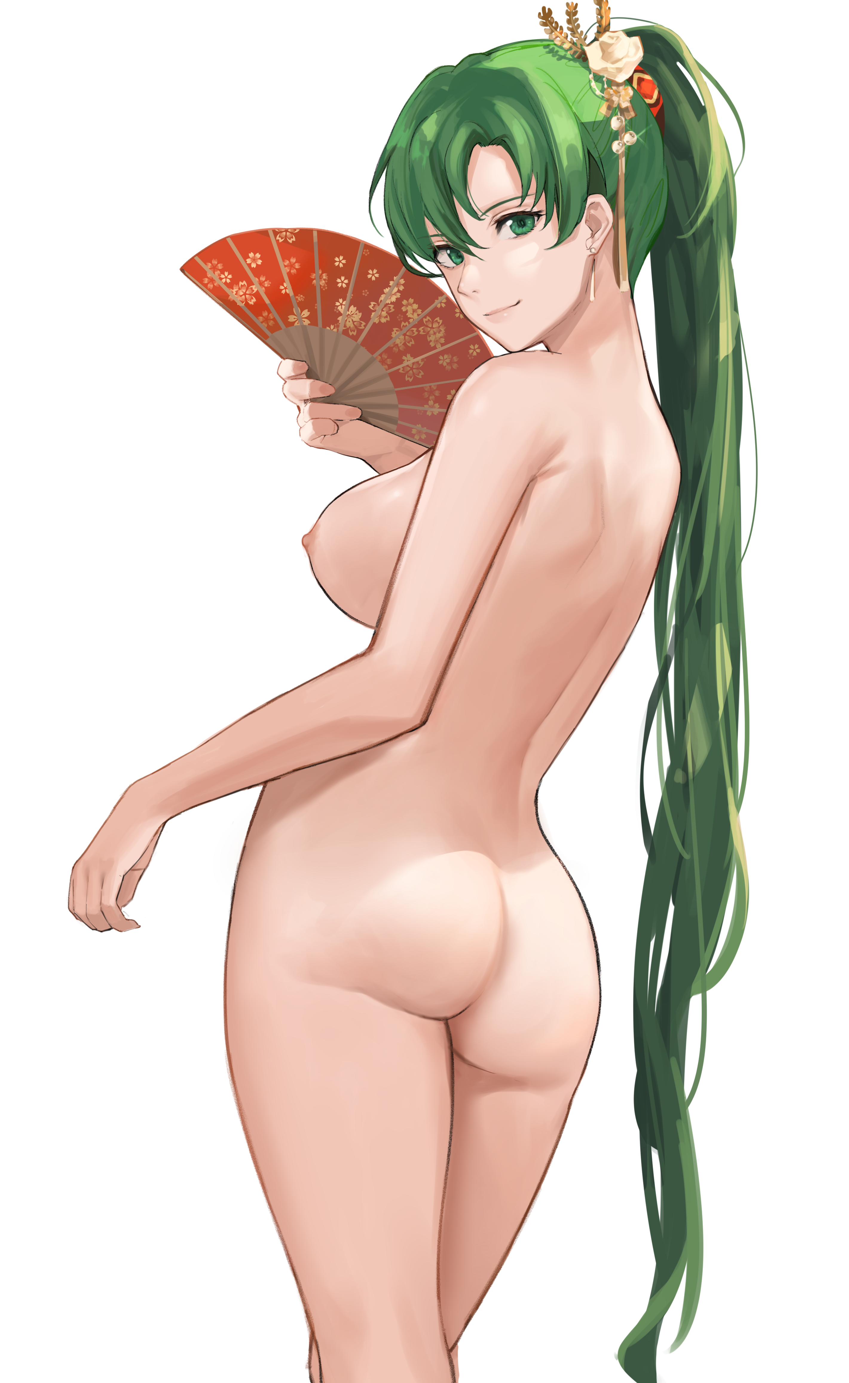 1girls, ass, back view, bare back, big ass, breasts, completely nude, fan, female, fire emblem, fire emblem: the blazing blade, green eyes, green hair, j@ck, large breasts, long hair, looking at viewer, looking back, lyn (fire emblem), nipples, nude, nude female, ponytail, smile, solo, solo female, very long hair, white background