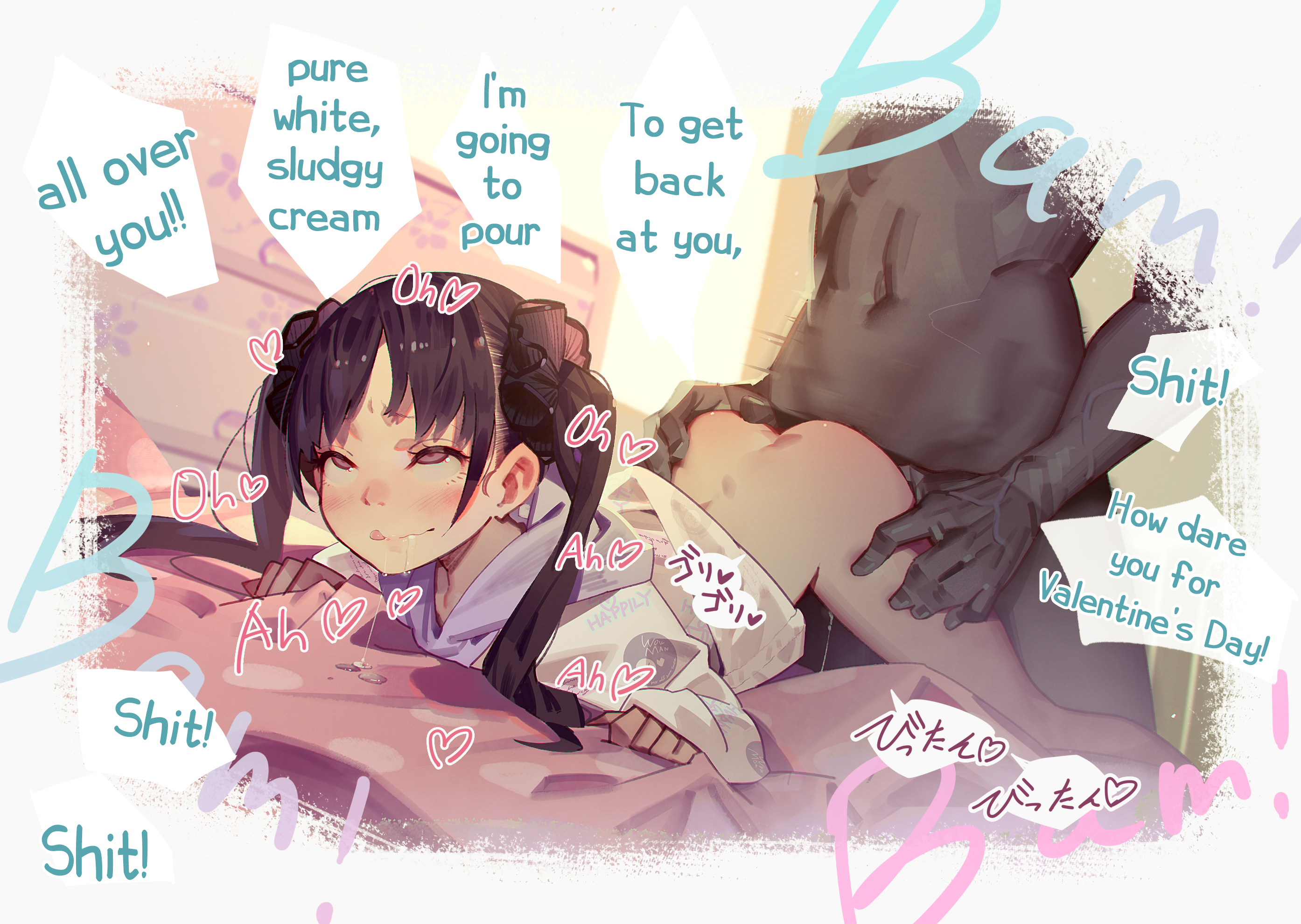 1boy, 1girls, ass, ass grab, bangs, bed sheet, black hair, blush, bottomless, closed mouth, clothed female nude male, clothed sex, dark skin, dark-skinned male, doggy style, drooling, female, highres, interracial, long hair, male, muk (monsieur), nude, original, rolling eyes, saliva, sex, sex from behind, sheet grab, sleeves past wrists, solo focus, straight, text, tongue, tongue out, twintails