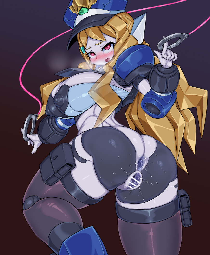 1girls, 2boys, anal, anal juice, android, anus, ass, bar censor, blonde hair, blush, breasts, censored, dark background, double penetration, erect nipples, erect nipples under clothes, female, gaping, gaping anus, gaping pussy, gradient, gradient background, hat, heavy breathing, hybrid, invisible penis, kelly (polynian), light skin, light-skinned female, looking pleasured, looking up, male, nipples, one leg raised, open mouth, pale skin, pale-skinned female, penetration, penis, pink eyes, pochincoff, pointless censoring, police, police uniform, purple anus, purple background, purple pussy, pussy, pussy juice, rear view, robot, robot girl, robot neoanthropinae polynian, sex, smile, threesome, tongue, tongue out, uniform, vaginal penetration, white breasts