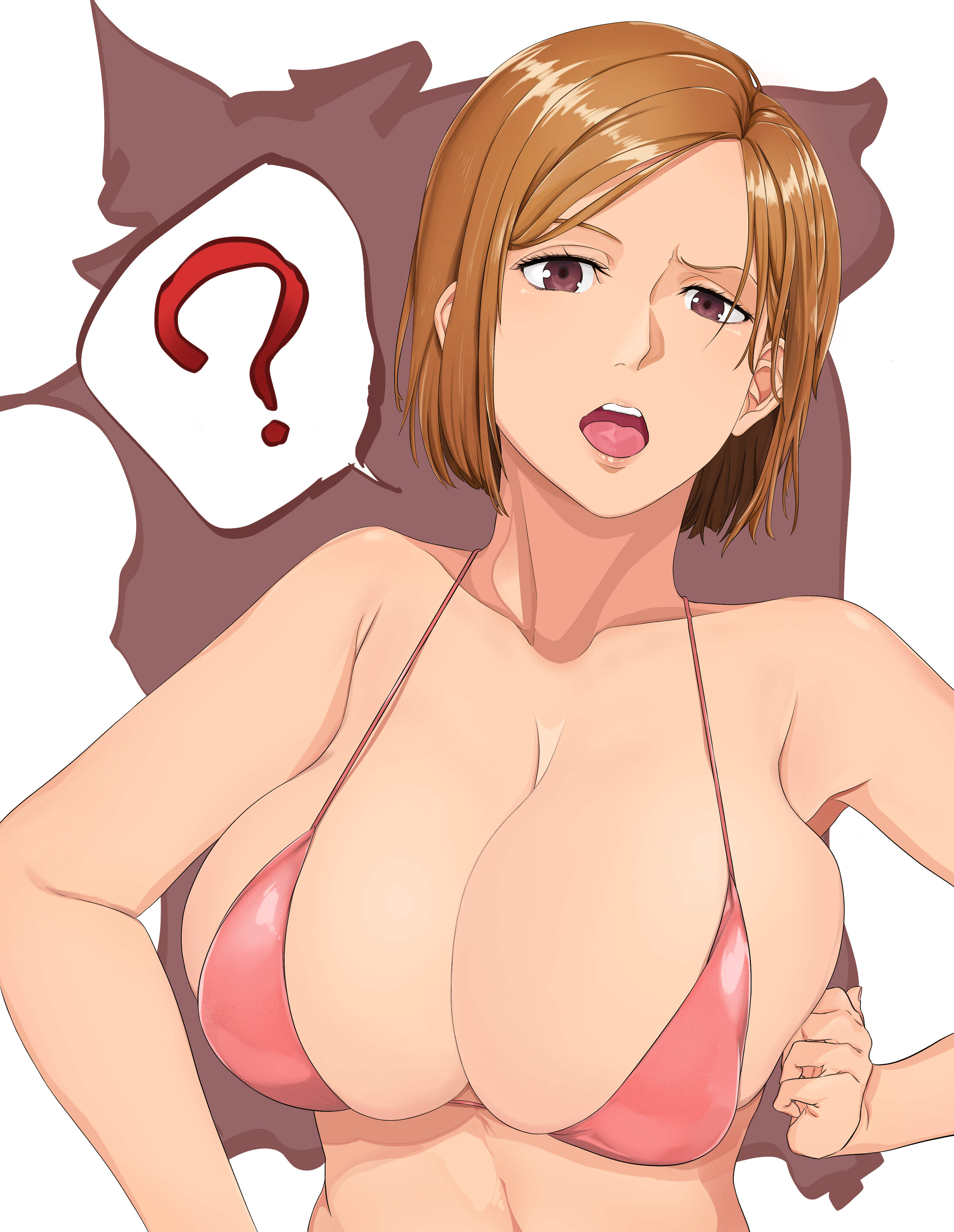 1girls, 2021, alternate breast size, bikini, breasts, brown eyes, brown hair, brown-haired female, female, female focus, female only, jujutsu kaisen, kazukine, kugisaki nobara, large breasts, open mouth, short hair, simple background, solo