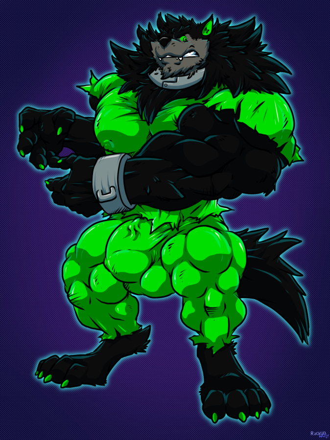 4_toes anthro balls_outline big_muscles black_body black_fur bulge canid canine canis claws clothed clothing collar danny_phantom feet finger_claws fur genital_outline glowing green_claws green_clothing green_eyes huge_muscles hyper hyper_muscles male male_only mammal muscular muscular_anthro muscular_male nickelodeon nipple_outline pecs penis_outline rackun shackles solo teeth tight_clothing toe_claws toes torn_clothing vein wolf wulf_(danny_phantom)