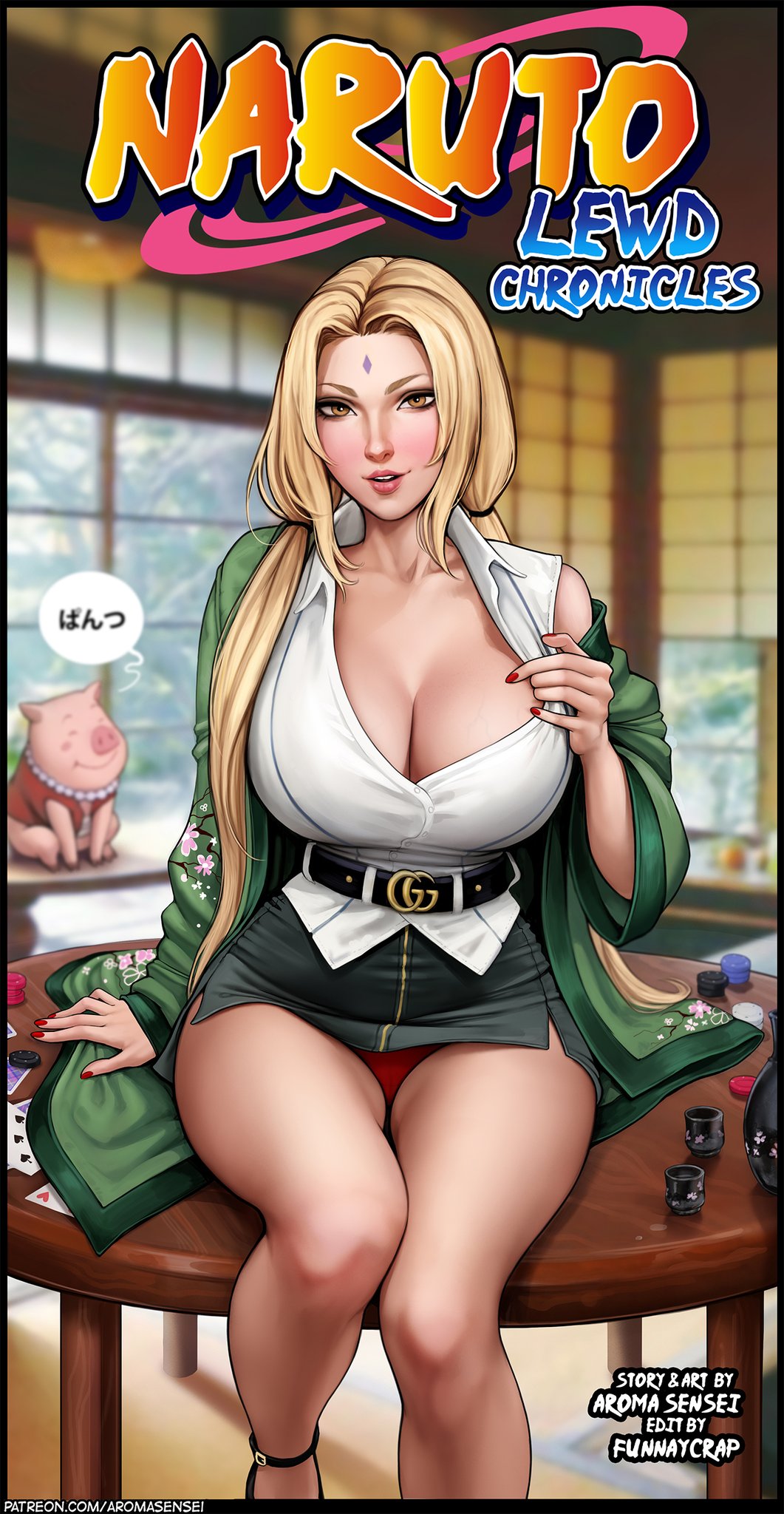 1girls, alternate version available, areolae, aroma sensei, big breasts, blonde hair, breasts, busty, cleavage, clothed, clothing, comic, female, female only, funnaycrap, haori, hokage, hourglass figure, huge breasts, large breasts, legs, light skin, light-skinned female, lips, long hair, looking at viewer, lower body, naruto, naruto (series), naruto shippuden, nipples, platinum blonde hair, seductive, shounen jump, solo, thick legs, thick thighs, thighs, tsunade, upper body, voluptuous