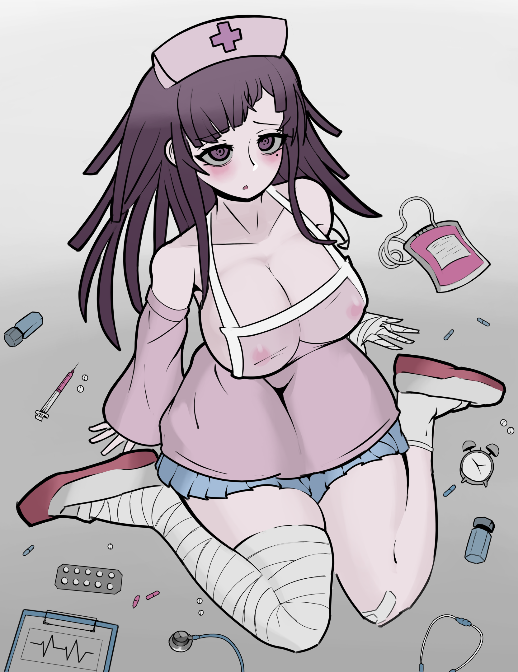 1girls, apron, big breasts, blush, breasts, danganronpa, danganronpa 2: goodbye despair, female, female only, nurse cap, see-through, skirt, straight hair, trizzz, tsumiki mikan