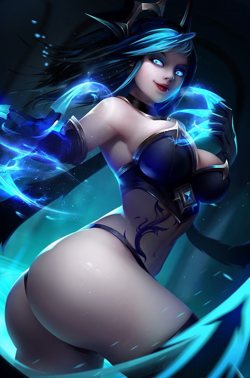 big_ass big_breasts blue_eyes blue_hair claws death_sworn_series evelynn glowing_eyes glowing_markings league_of_legends no_eyewear realistic red_lipstick riot_games shadow_evelynn smile smiling tagme tattoo thick_thighs thighhighs thong