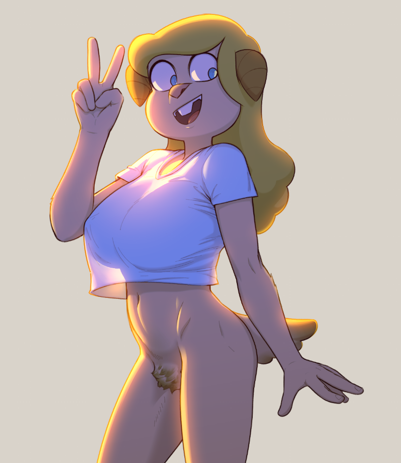 2021 5_fingers anthro big_breasts blonde_hair blue_eyes bottomless bovid breasts buckteeth caprine cartoon_network chi_chi's_mom clothed clothing d-rock drockdraw female fingers gesture goat hair hairy_pussy horn huge_breasts long_hair mammal navel open_mouth open_smile pubes pubic_hair pussy_hair shirt simple_background smile solo standing t-shirt teeth the_amazing_world_of_gumball topwear v_sign