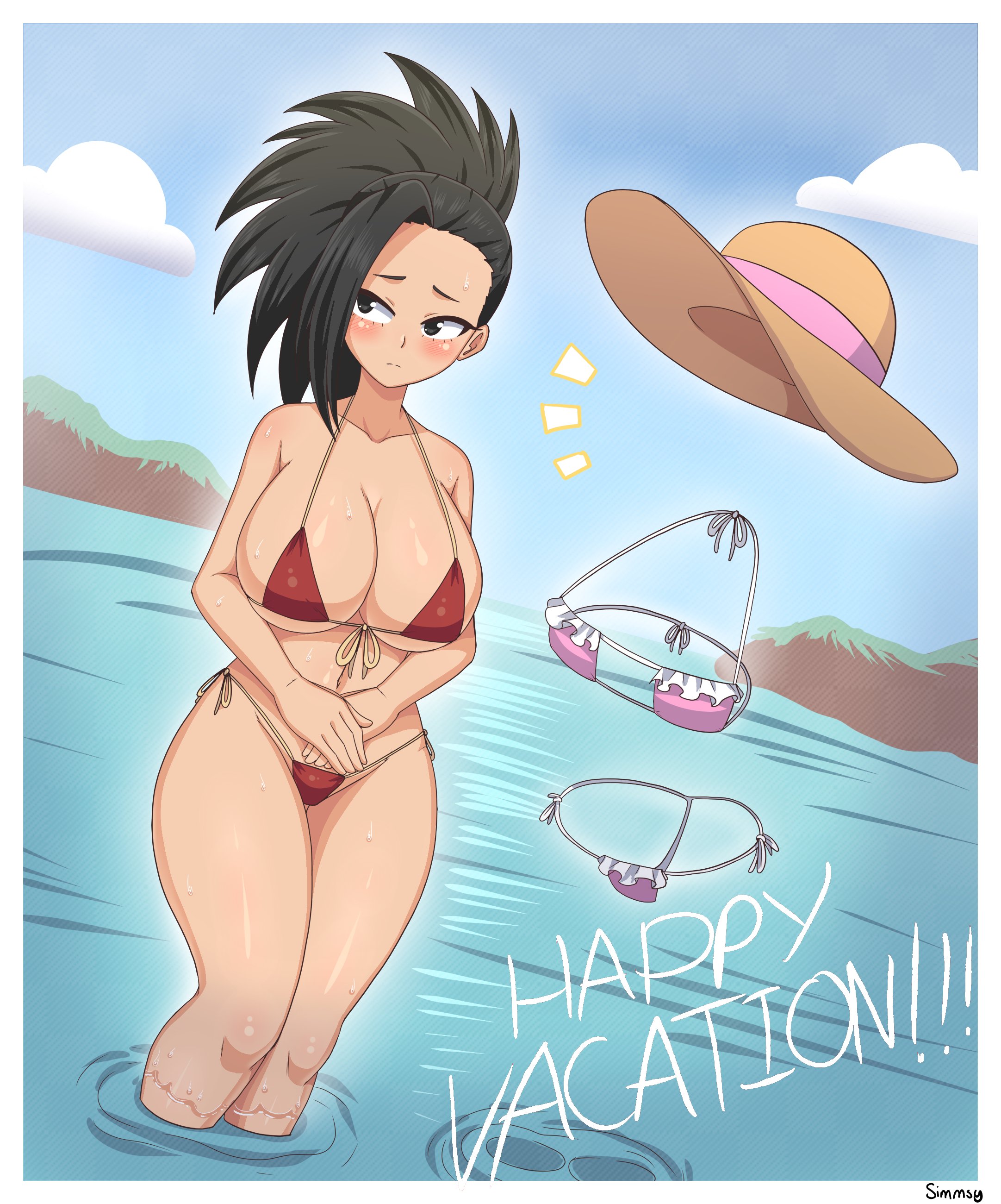 2girls, big breasts, bikini, black hair, black-haired female, breasts, cleavage, clothing, female, female only, hagakure tooru (invisible), headgear, human, large breasts, momo yaoyorozu, my hero academia, narrow shoulders, shounen jump, simmsy, thick thighs, tooru hagakure, tooru hagakure (invisible), water, wide hips