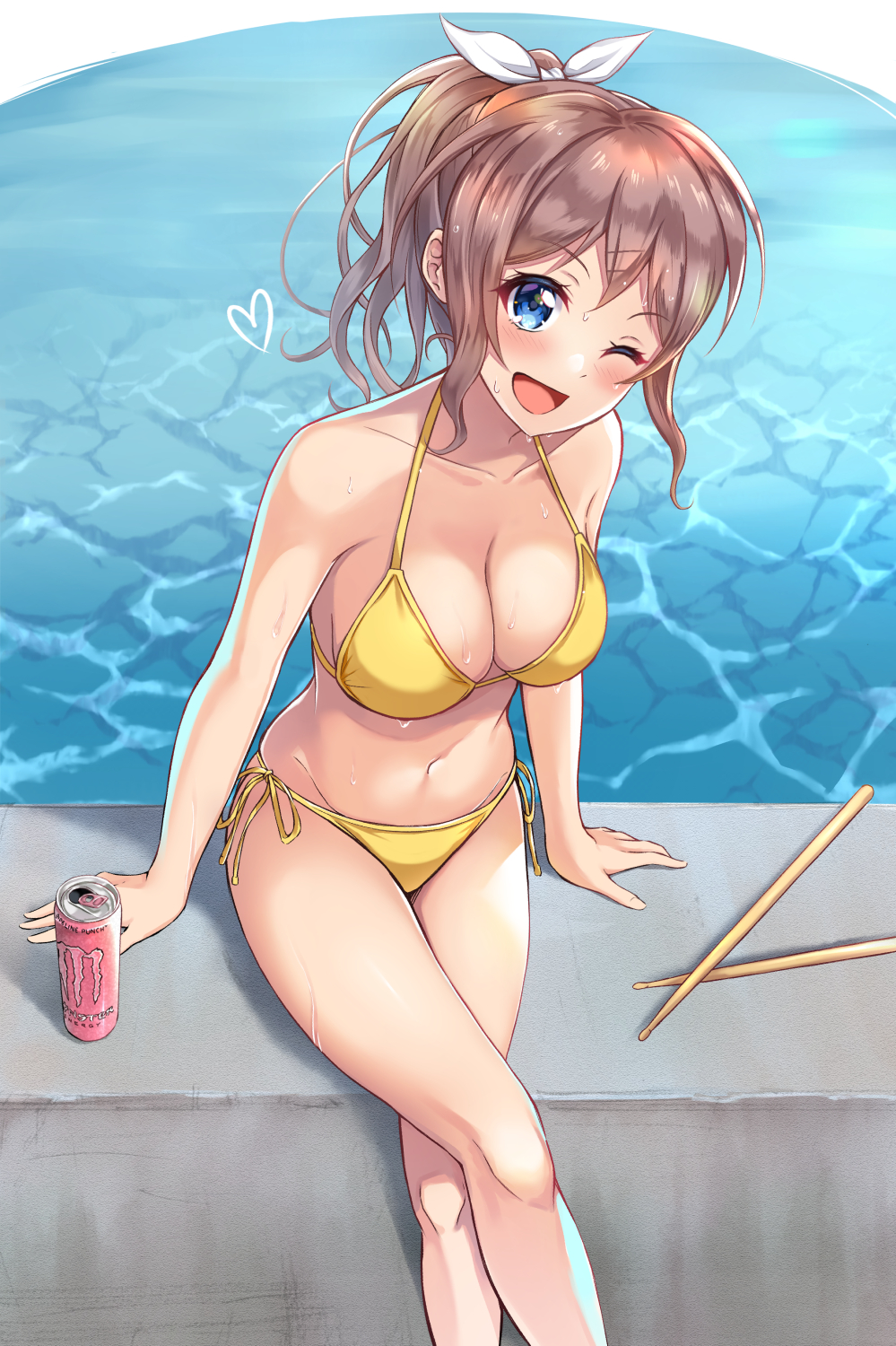 aranami_shibuki bang_dream! bikini blue_eyes breasts brown_hair can cleavage commentary_request cowboy_shot drumsticks eyewear_on_head female hair_ornament hair_ribbon hairclip heart heart-shaped_eyewear highres large_breasts looking_at_viewer monster_energy one_eye_closed ponytail ribbon side-tie_bikini smile solo sunglasses swimsuit yamabuki_saaya yellow_bikini