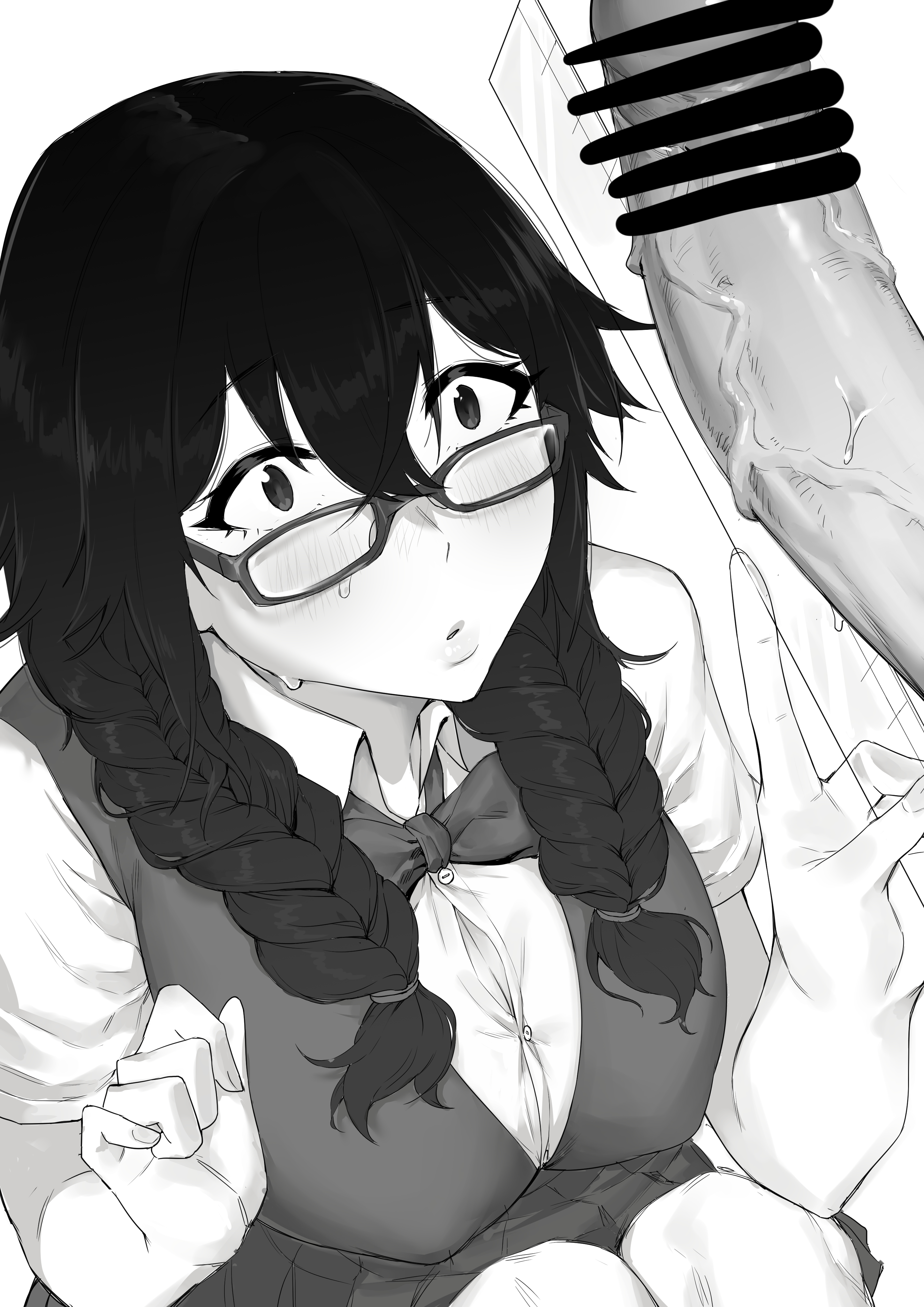 1girls, black and white, black hair, blush, breasts, censored, clothes, cock shock, dawalixi, female, glasses, hair between eyes, jimiko, large breasts, male, measuring penis, monochrome, original, penis, penis awe, penis bigger than measuring device, pointless censoring, ruler, school uniform, surprised, sweat, tagme, twin braids, veiny penis