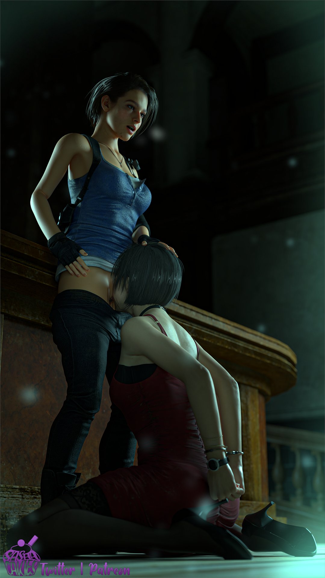 2girls, 3d, 3d (artwork), ada wong, ada wong (adriana), arms behind back, asian, asian female, black gloves, bondage, capcom, cunnilingus, female, fingerless gloves, forced, forced oral, gloves, hand on head, handcuffs, heels, interracial, jill valentine, jill valentine (sasha zotova), licking pussy, no eyewear, on knees, oral, oral sex, pants down, pussy, resident evil, resident evil 2, resident evil 2 remake, resident evil 3, resident evil 3 remake, sashacakies, standing cunnilingus, yuri