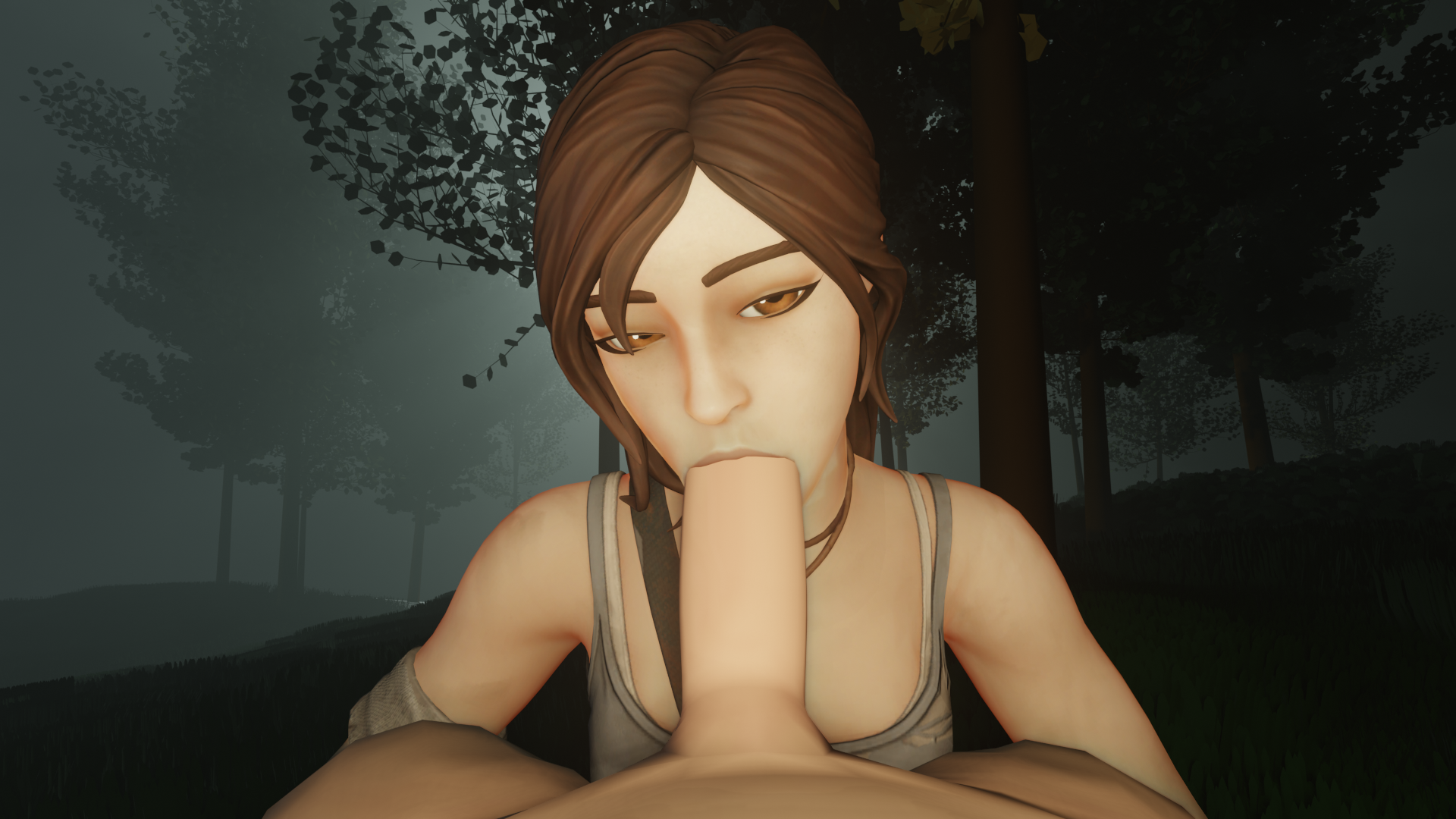 1boy, 1girls, 3d, abs, blowjob, brown eyes, brown hair, brunette, clothed female nude male, eye contact, eyeshadow, female, forest, fortnite, fortnite: battle royale, lapebr91, lara croft, lara croft (fortnite), light skin, male, no eyewear, oral, ponytail, pov, seductive eyes, self upload, slim, tagme, tied hair, tomb raider