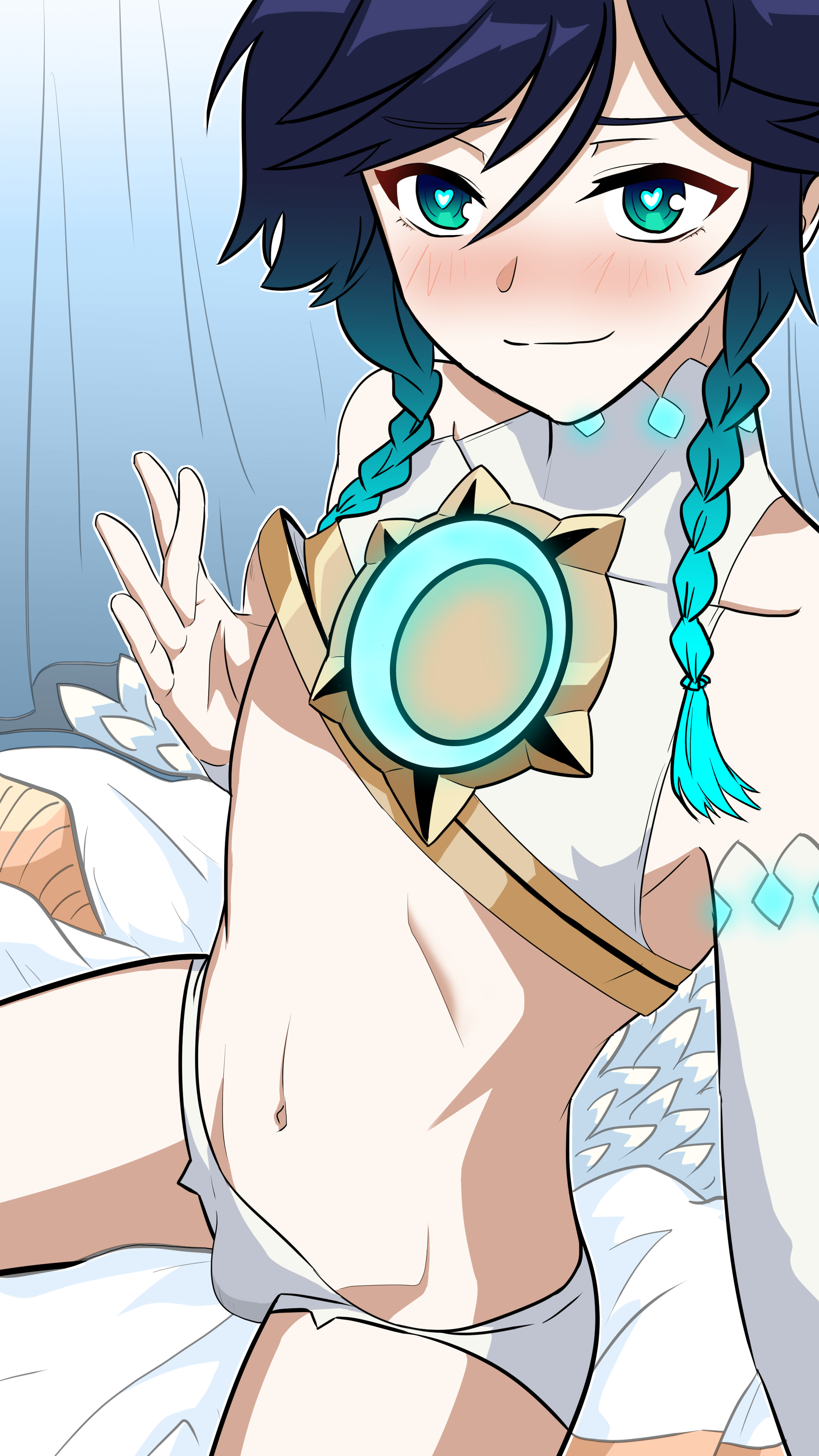 1boy, barbatos (genshin impact), bedroom eyes, black hair, blue eyes, blue hair, boy, braid, bulge, crop top, detached sleeves, femboy, genshin impact, heart-shaped pupils, looking at viewer, male, male only, midriff, minishorts, selfie, short shorts, shorts, smile, stomach, trap, twin braids, venti (genshin impact)