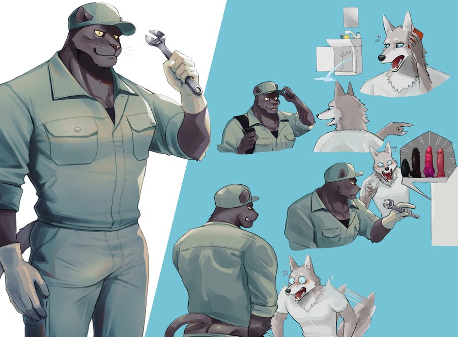 anthro ass better_version_at_source blue_eyes blush bulge buttplug canid canine canis clothed clothing dildo duo felid fur gloves grey_body grey_fur grin handwear hat headgear headwear k0bit0wani looking_at_another looking_at_genitalia male male/male mammal muscular muscular_male pantherine pants_down partially_clothed phone phone_call plumber purple_body purple_fur sex_toy sink smile tailwag tools white_body white_fur wide_eyed wolf wrench yellow_eyes