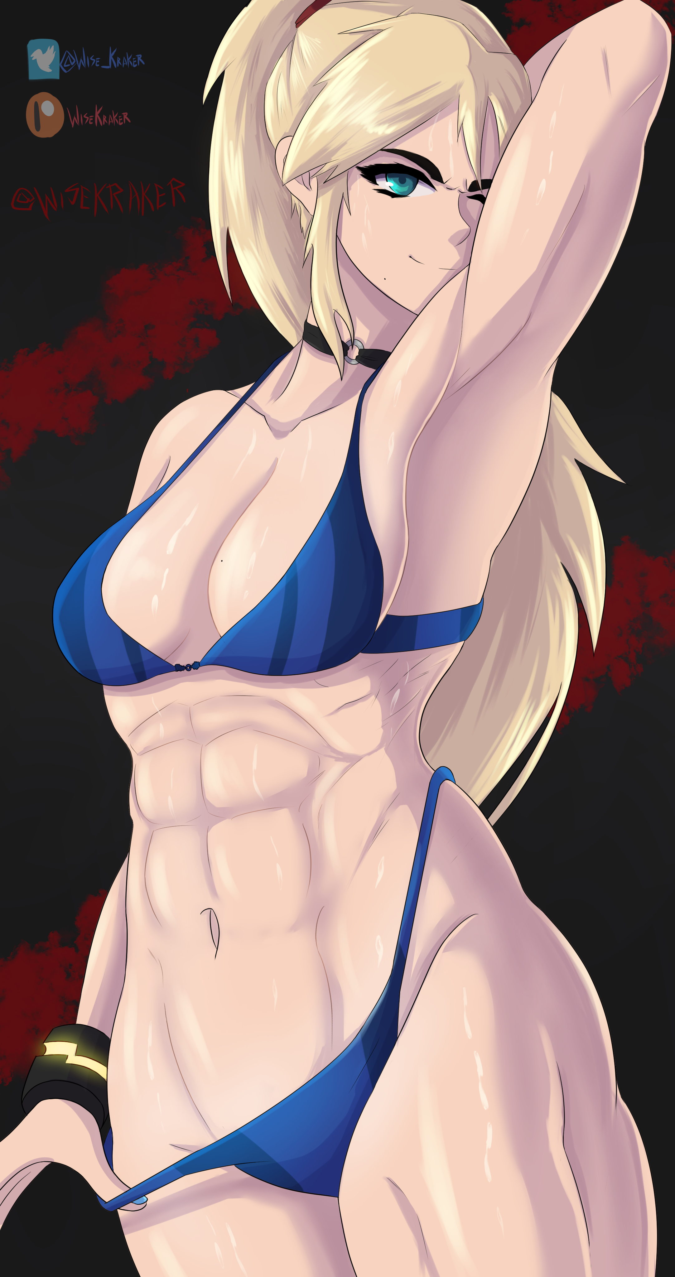 bikini, blonde hair, choker, female, hi res, metroid, muscular, muscular female, nintendo, ponytail, samus aran, solo, tagme, wise kraker