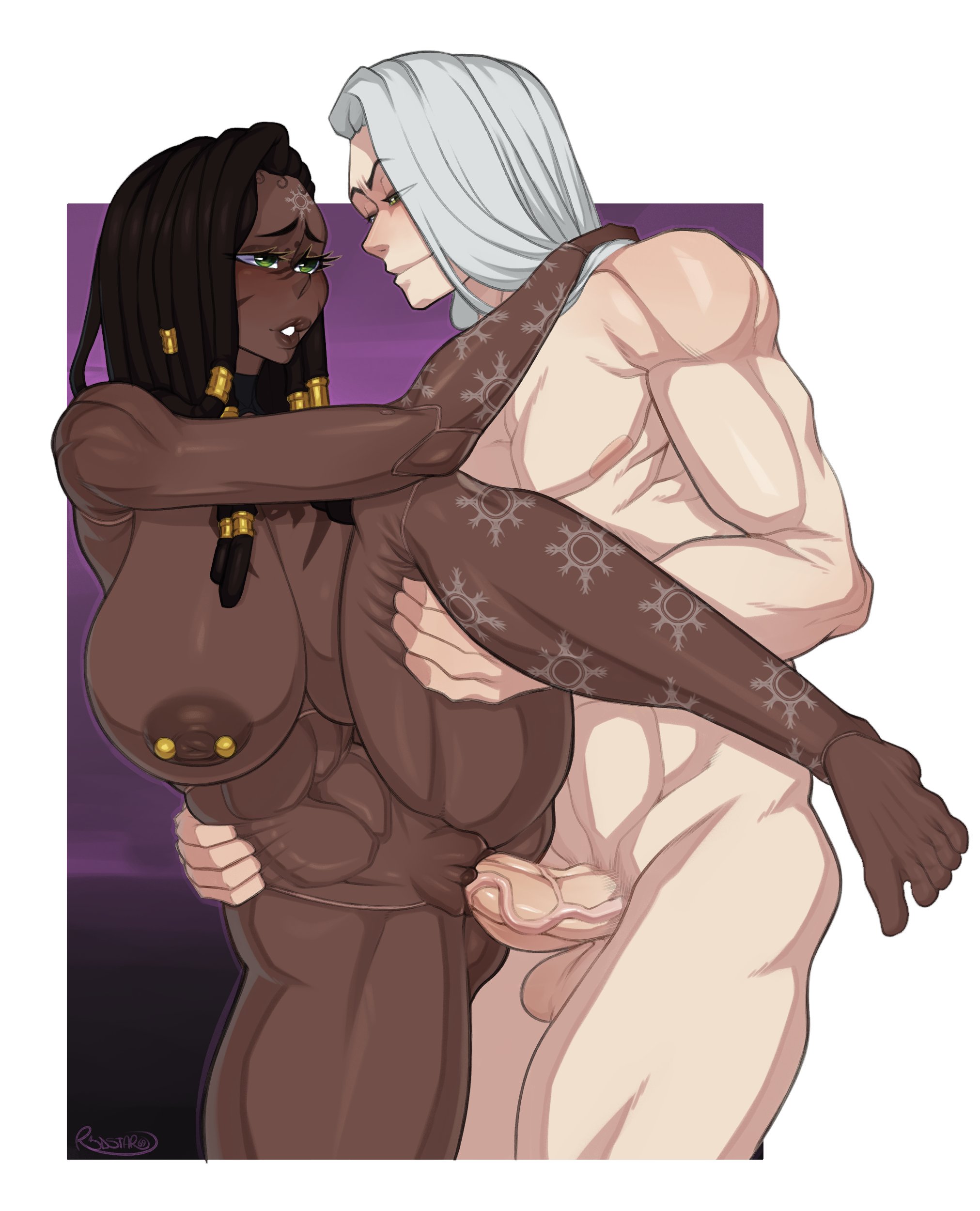 big breasts, big penis, breasts, character request, dark skin, dark-skinned female, female, green eyes, interracial, lifting leg, light skin, light-skinned male, long hair, male, nipple piercing, nipples, pale skin, pale-skinned male, penis, piercing, r3dstar, white body, white hair, white skin