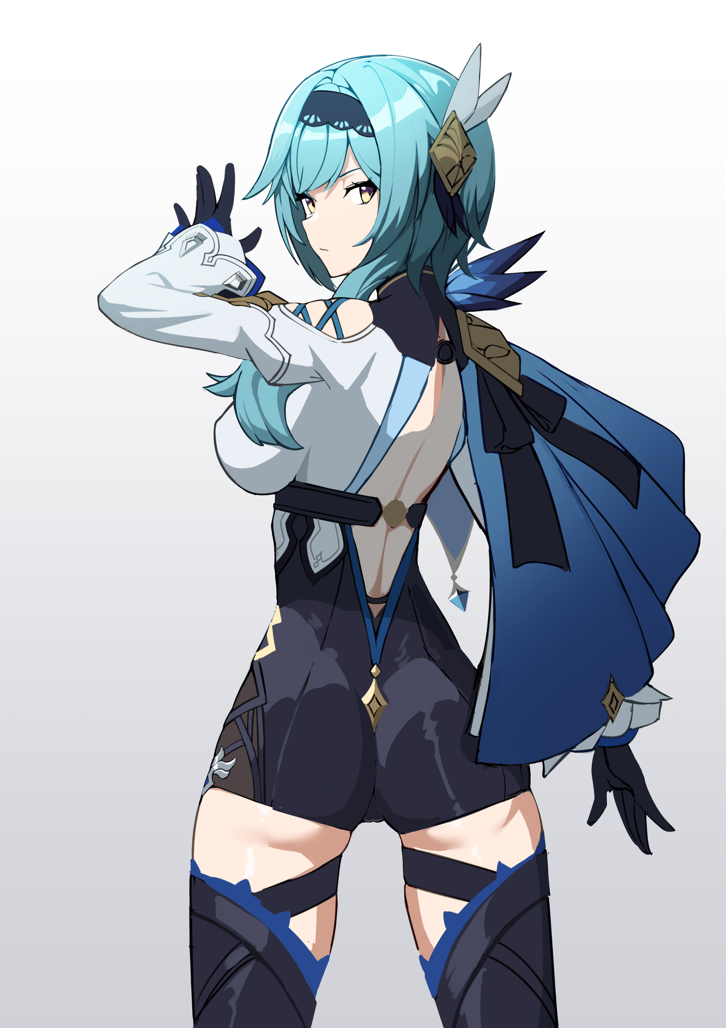 1girls, absurdres, aqua hair, ass, asymmetrical hair, backless outfit, bangs, black gloves, black hairband, black legwear, boots, breasts, closed mouth, detached sleeves, ett, eula (genshin impact), female, first porn of character, from behind, genshin impact, gloves, gradient, gradient background, hair ornament, hairband, head tilt, heel boots, highres, large breasts, simple background, solo, solo female, thigh boots, thighhigh boots, thighhighs, yellow eyes